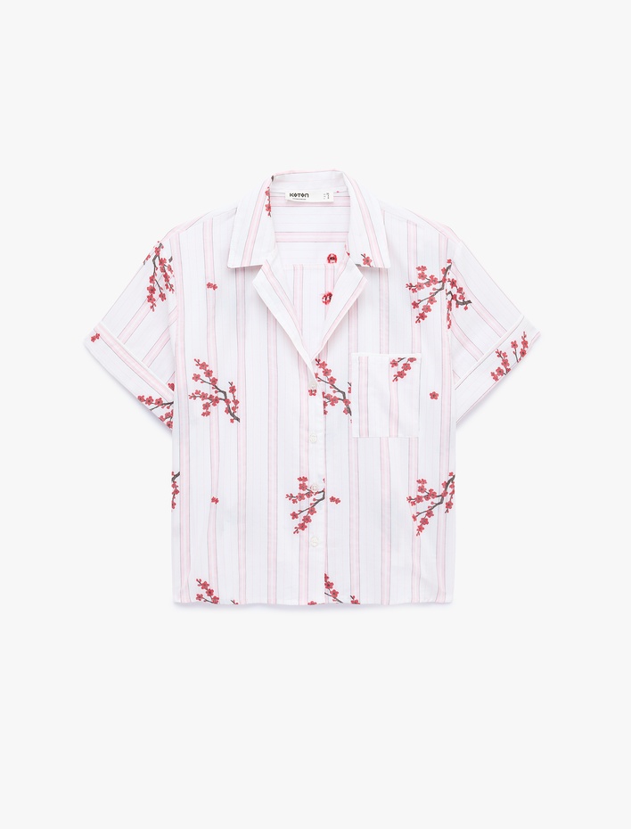 Çiçek Desenli Çizgili Polo Yaka Pijama Üstü