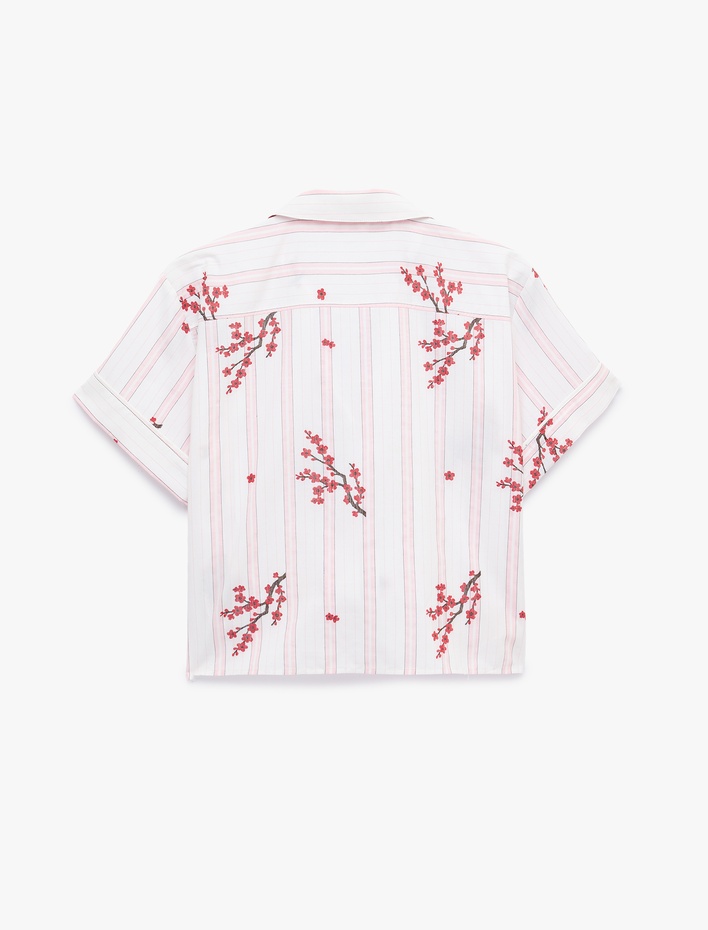  Çiçek Desenli Çizgili Polo Yaka Pijama Üstü