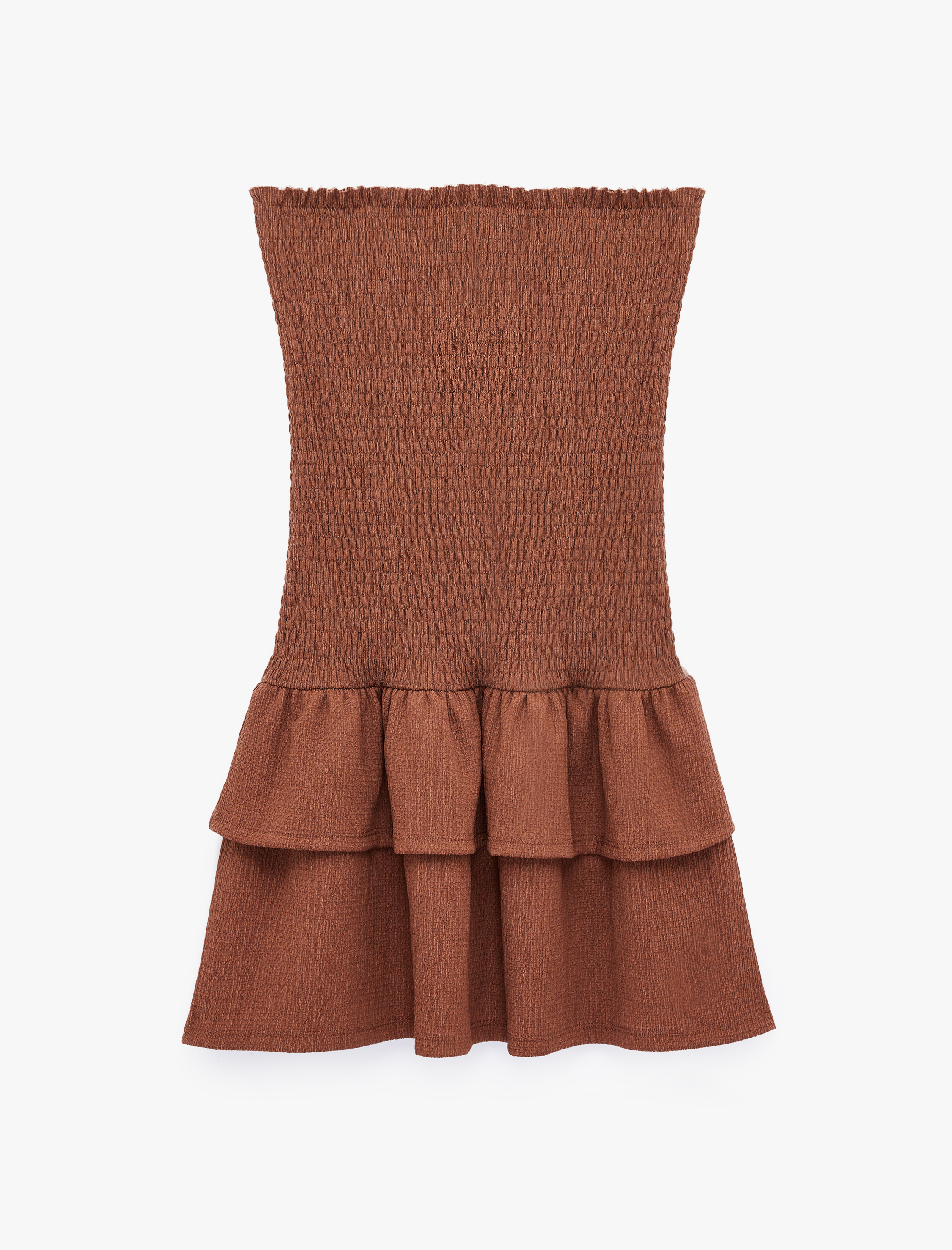   Bürümcük Kumaş Katlı Volanlı Slim Fit Gipeli Straplez Mini Elbise