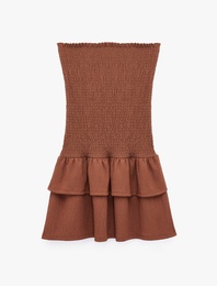 Bürümcük Kumaş Katlı Volanlı Slim Fit Gipeli Straplez Mini Elbise