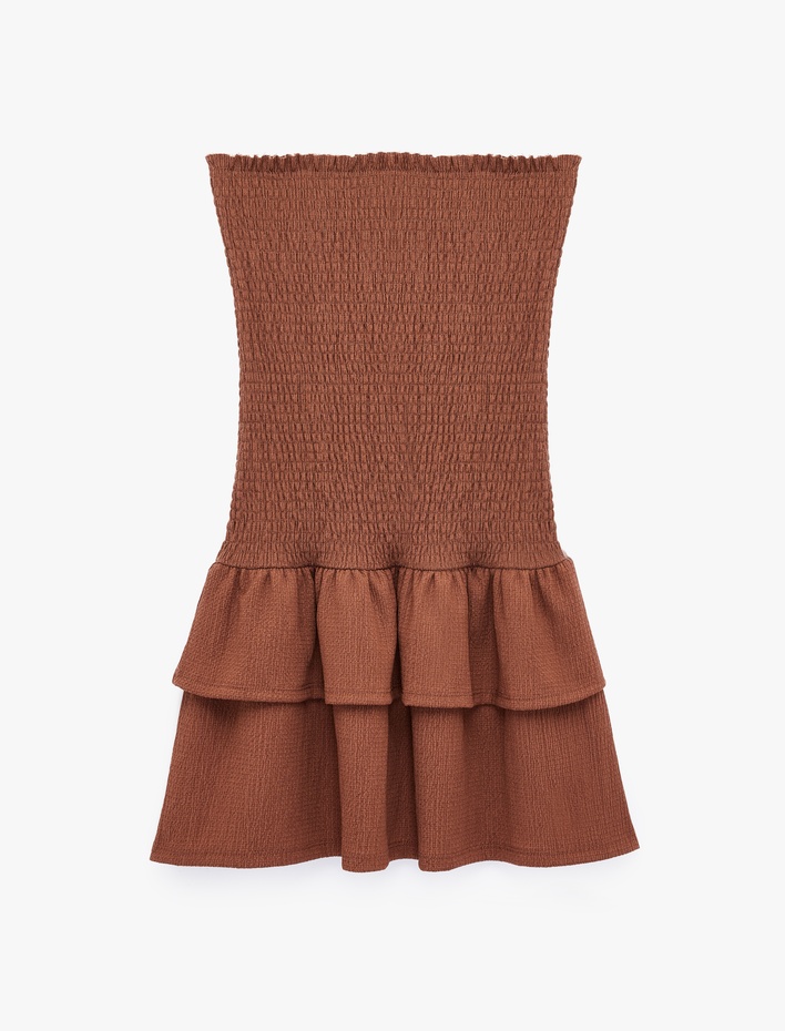  Bürümcük Kumaş Katlı Volanlı Slim Fit Gipeli Straplez Mini Elbise