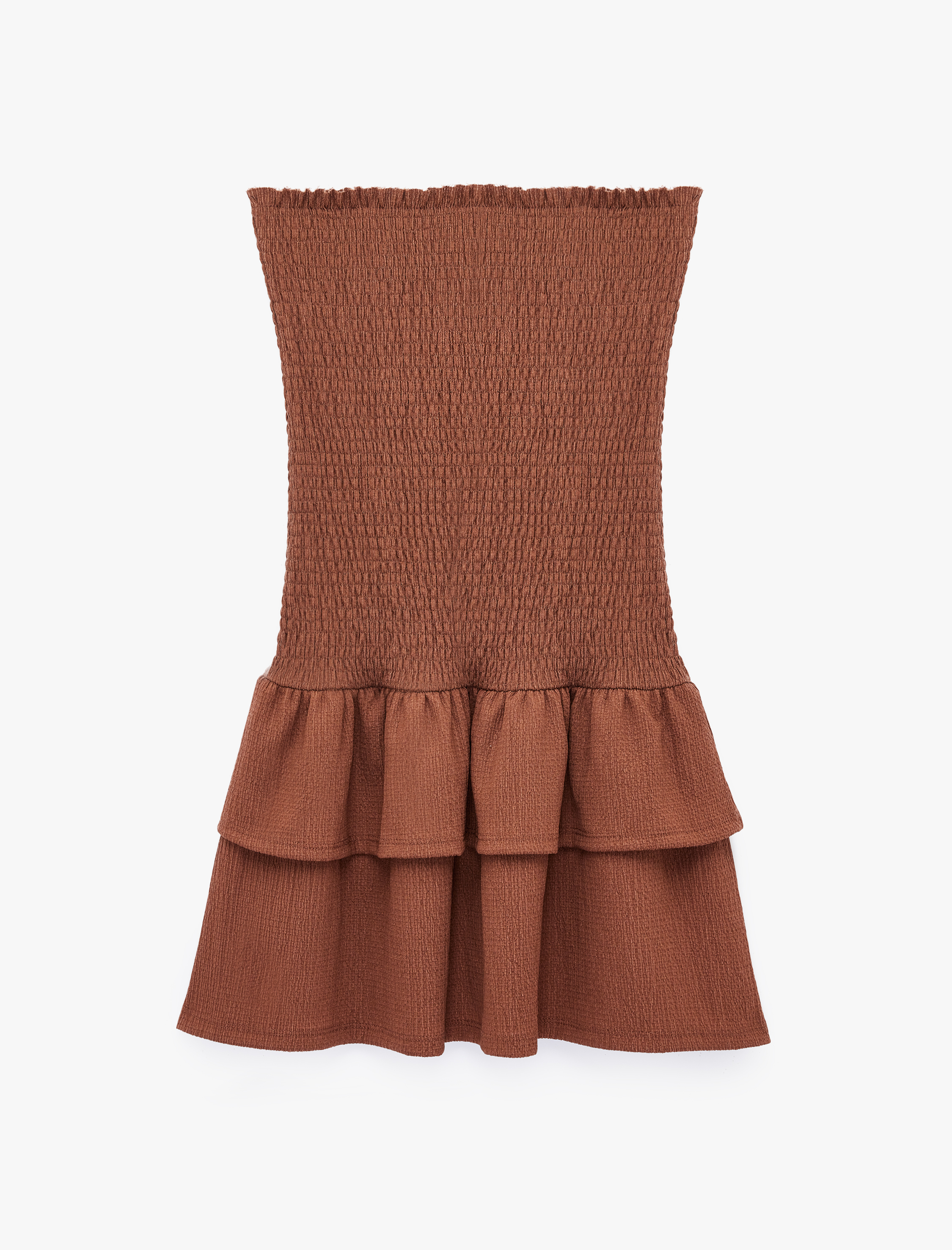   Bürümcük Kumaş Katlı Volanlı Slim Fit Gipeli Straplez Mini Elbise