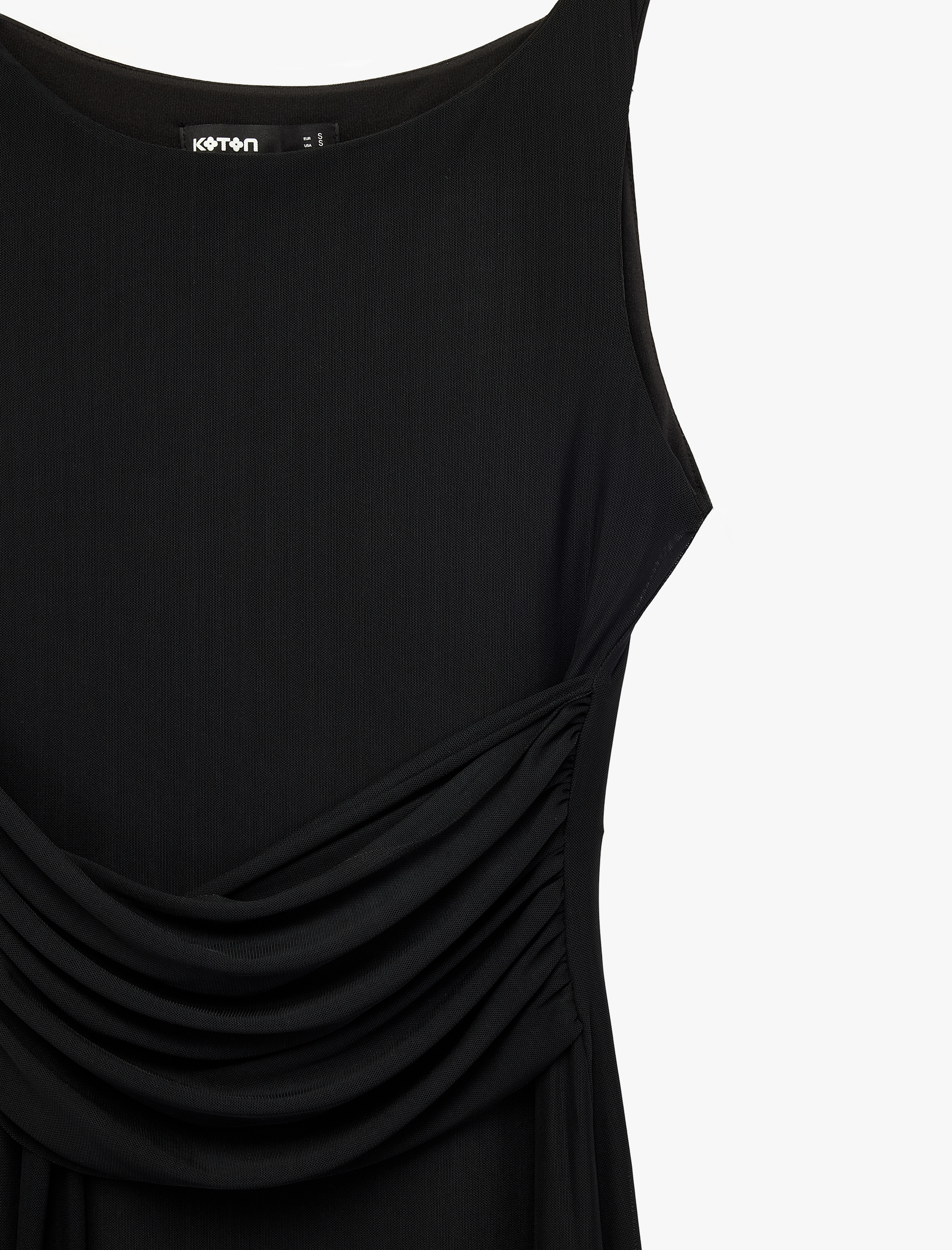   Slim Fit Asimetrik Drapeli Kayık Yuvarlak Yaka Kolsuz Midi Elbise