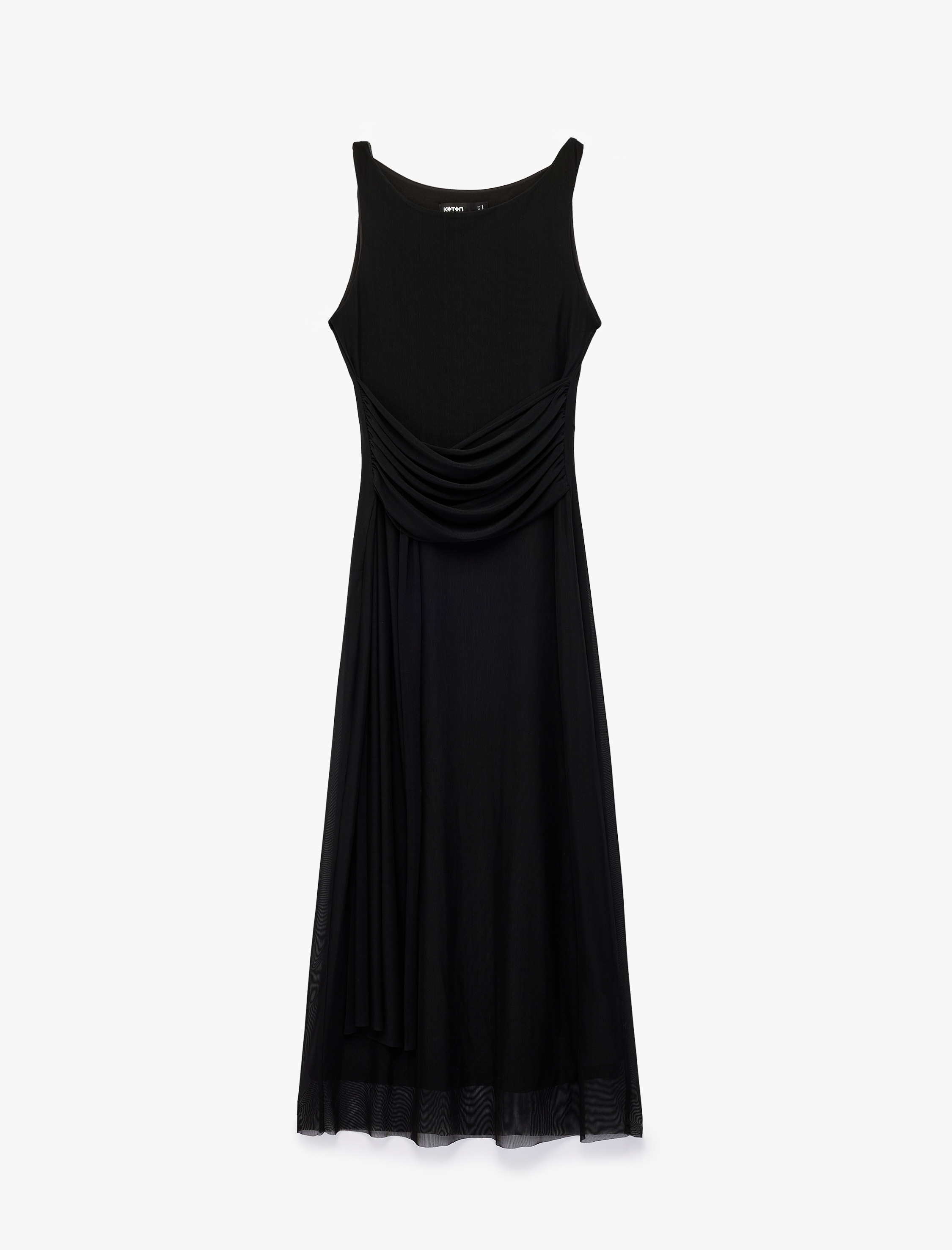   Slim Fit Asimetrik Drapeli Kayık Yuvarlak Yaka Kolsuz Midi Elbise