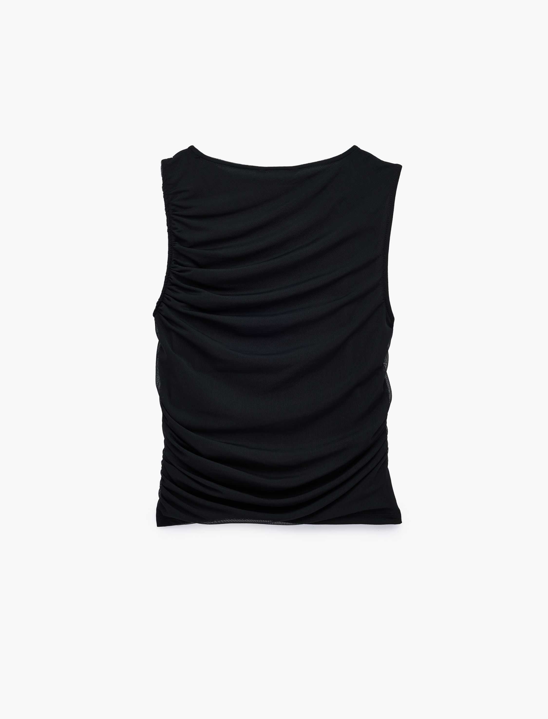   Skinny Fit Bisiklet Yaka Drapeli Kolsuz Tül Bluz