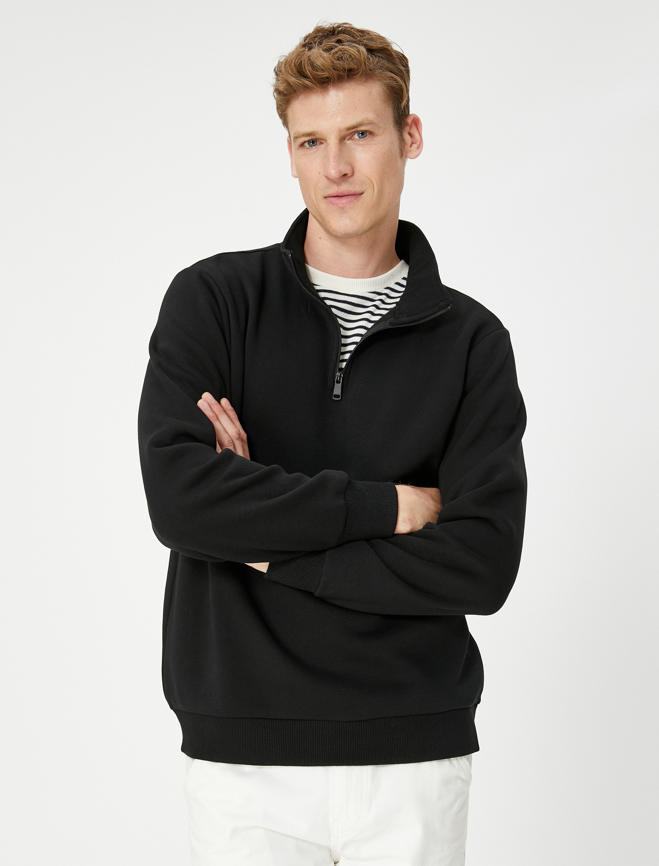   Yarım Fermuarlı Sweatshirt Dik Yaka Uzun Kollu Şardonlu