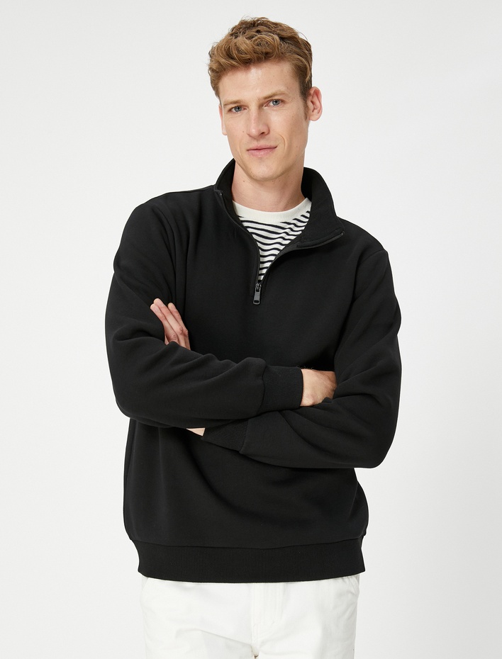  Yarım Fermuarlı Sweatshirt Dik Yaka Uzun Kollu Şardonlu