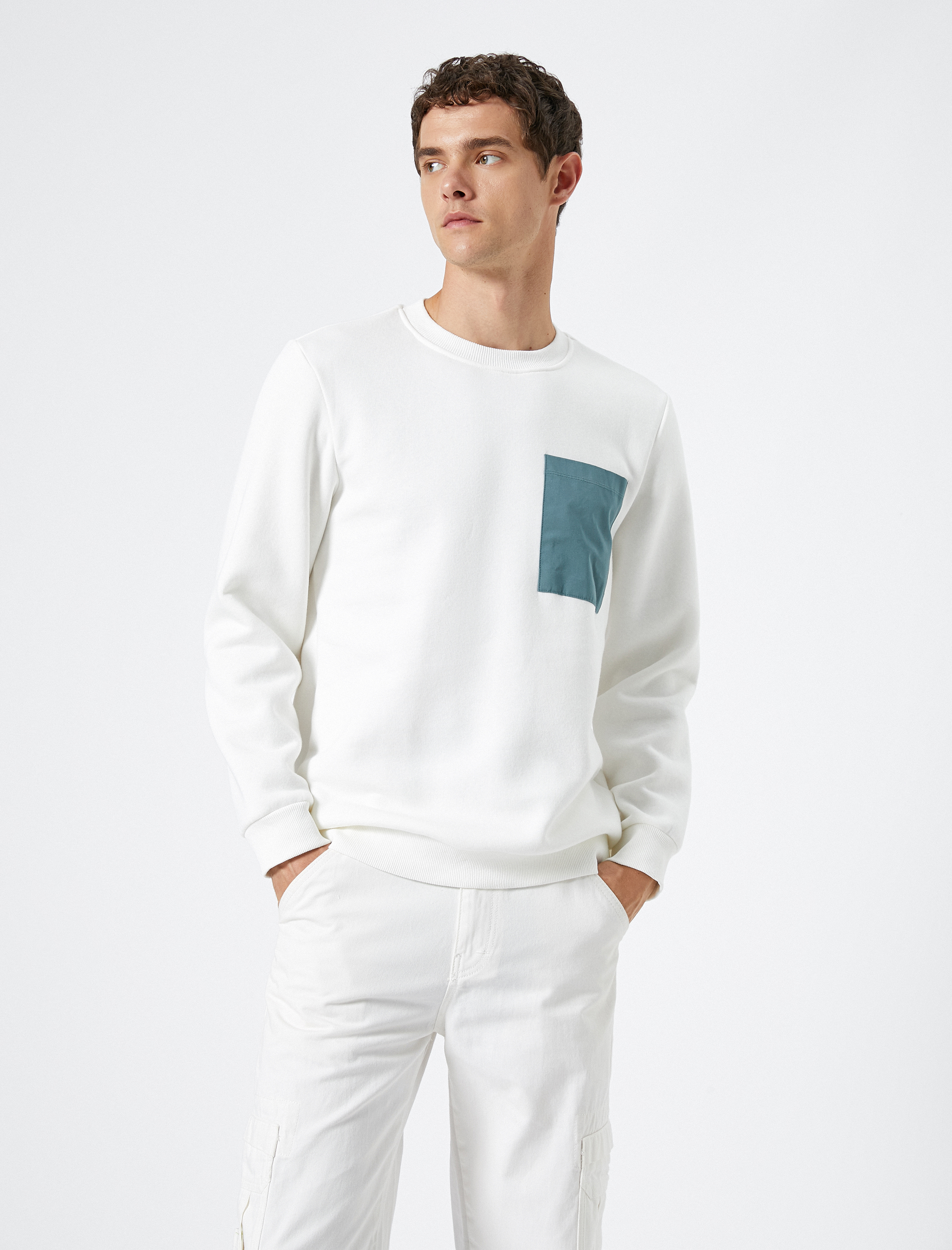   Bisiklet Yaka Sweatshirt Cep Detaylı Ribanalı Uzun Kollu Şardonlu