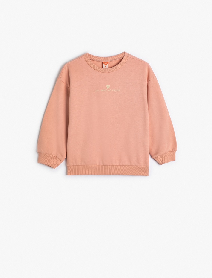 Kız Bebek Sweatshirt Uzun Kollu Bisiklet Yaka Baskı Detaylı Şardonlu Pamuklu