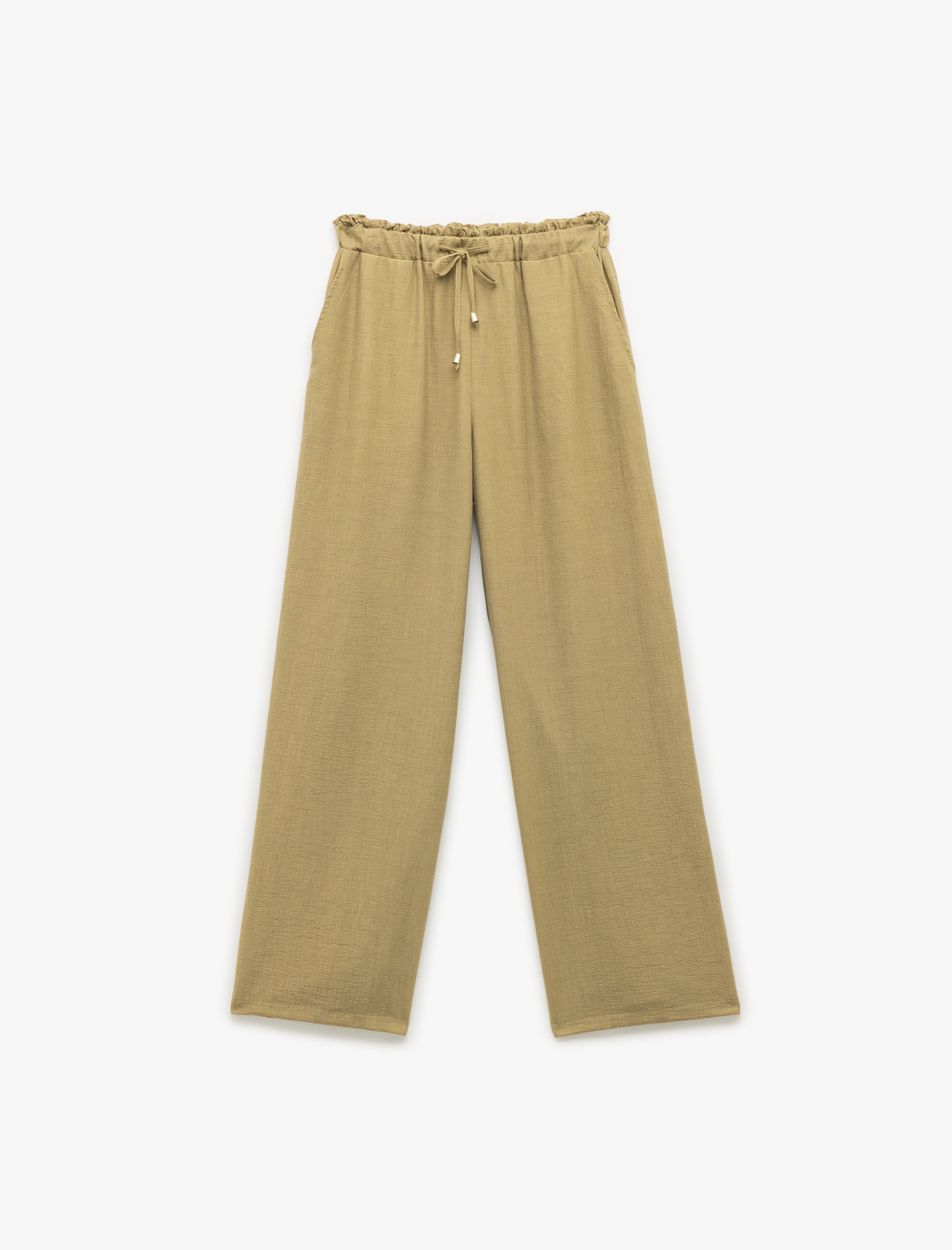   Beli Bağcıklı Cepli Keten Karışımlı Bol Paça Pantolon