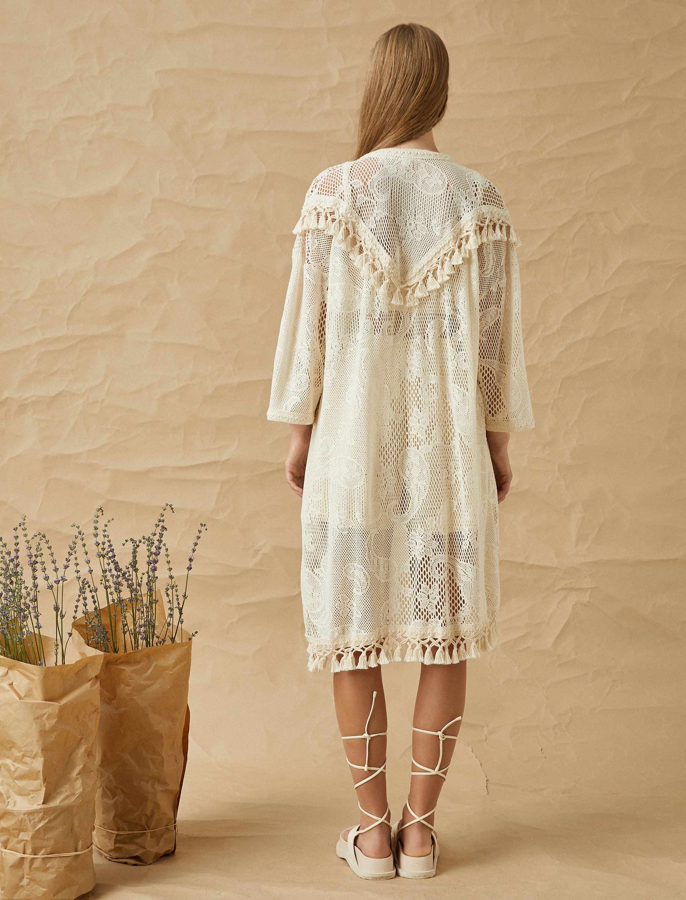   Kroşe Kimono Püskül Detaylı 3/4 Kollu