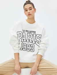 Şardonlu Bisiklet Yaka Sweatshirt Kolej Nakışlı Uzun Kollu