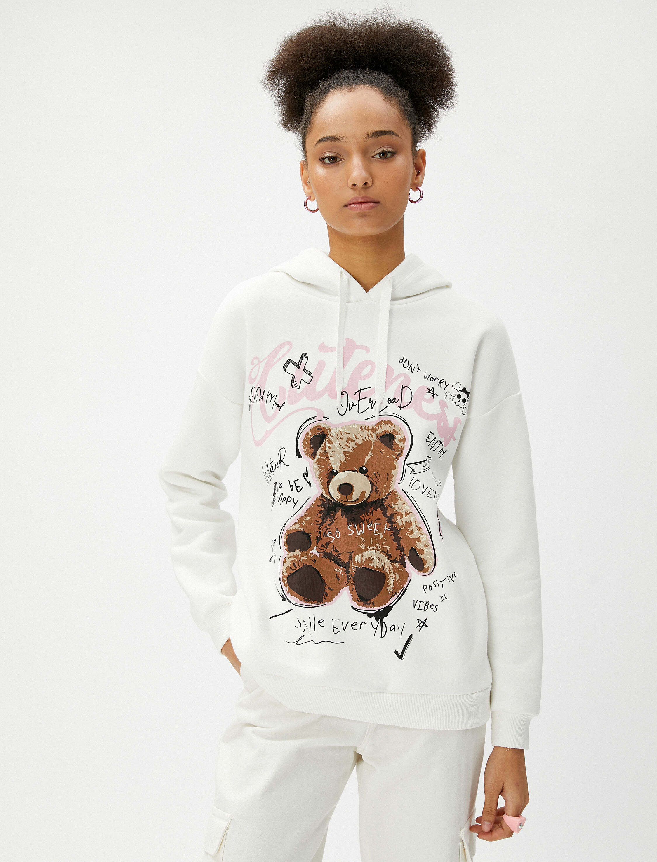   Şardonlu Kapüşonlu Sweatshirt Baskılı Uzun Kollu Ribanalı