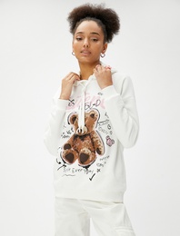 Şardonlu Kapüşonlu Sweatshirt Baskılı Uzun Kollu Ribanalı