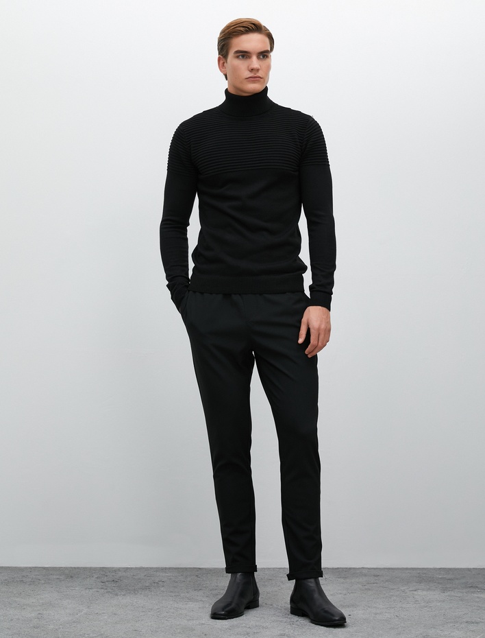  Balıkçı Yaka Kazak Slim Fit Dokulu Uzun Kollu