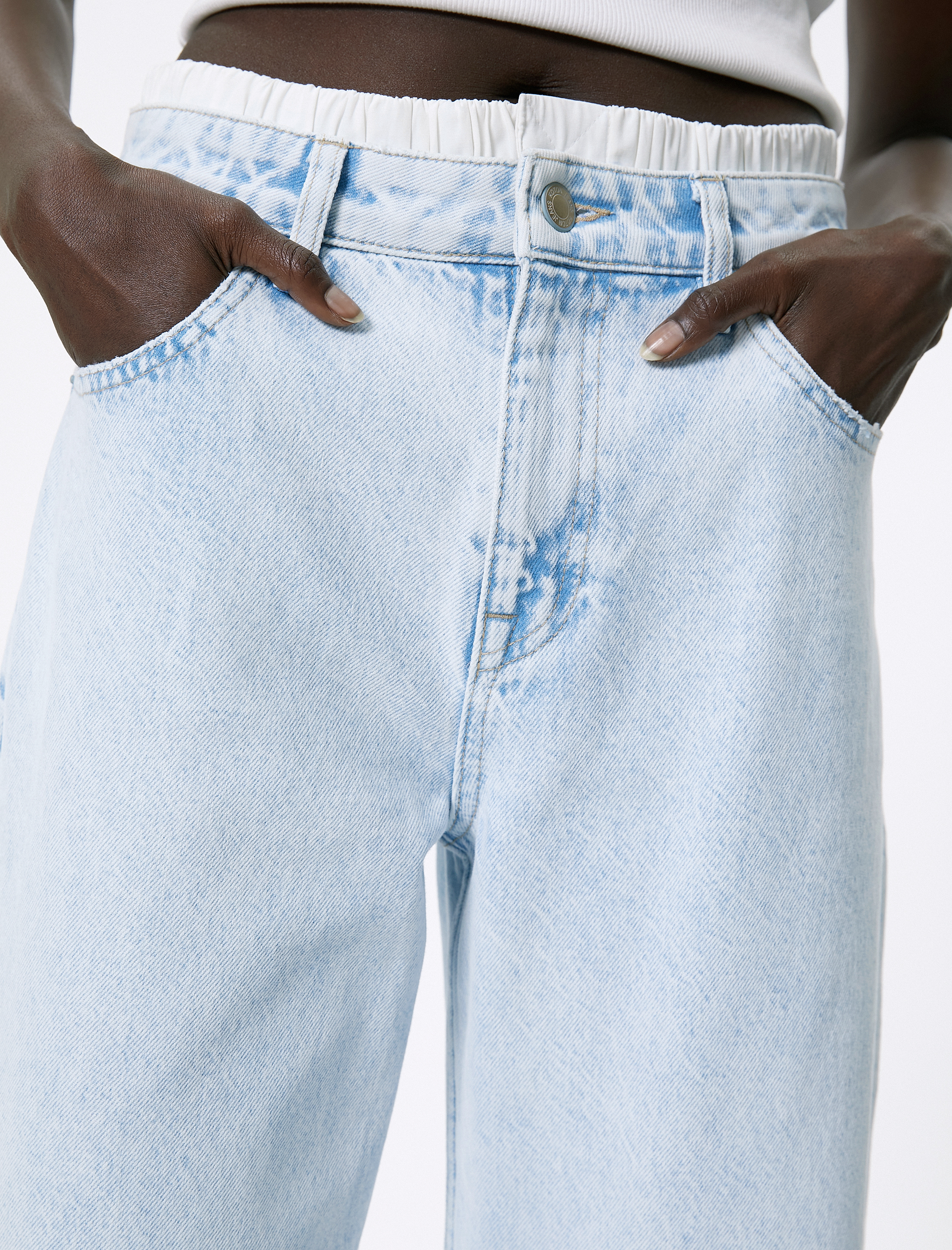   Düz Paça Çift Bel Bantlı Kot Pantolon  Cepli Pamuklu - Nora Straight Jeans