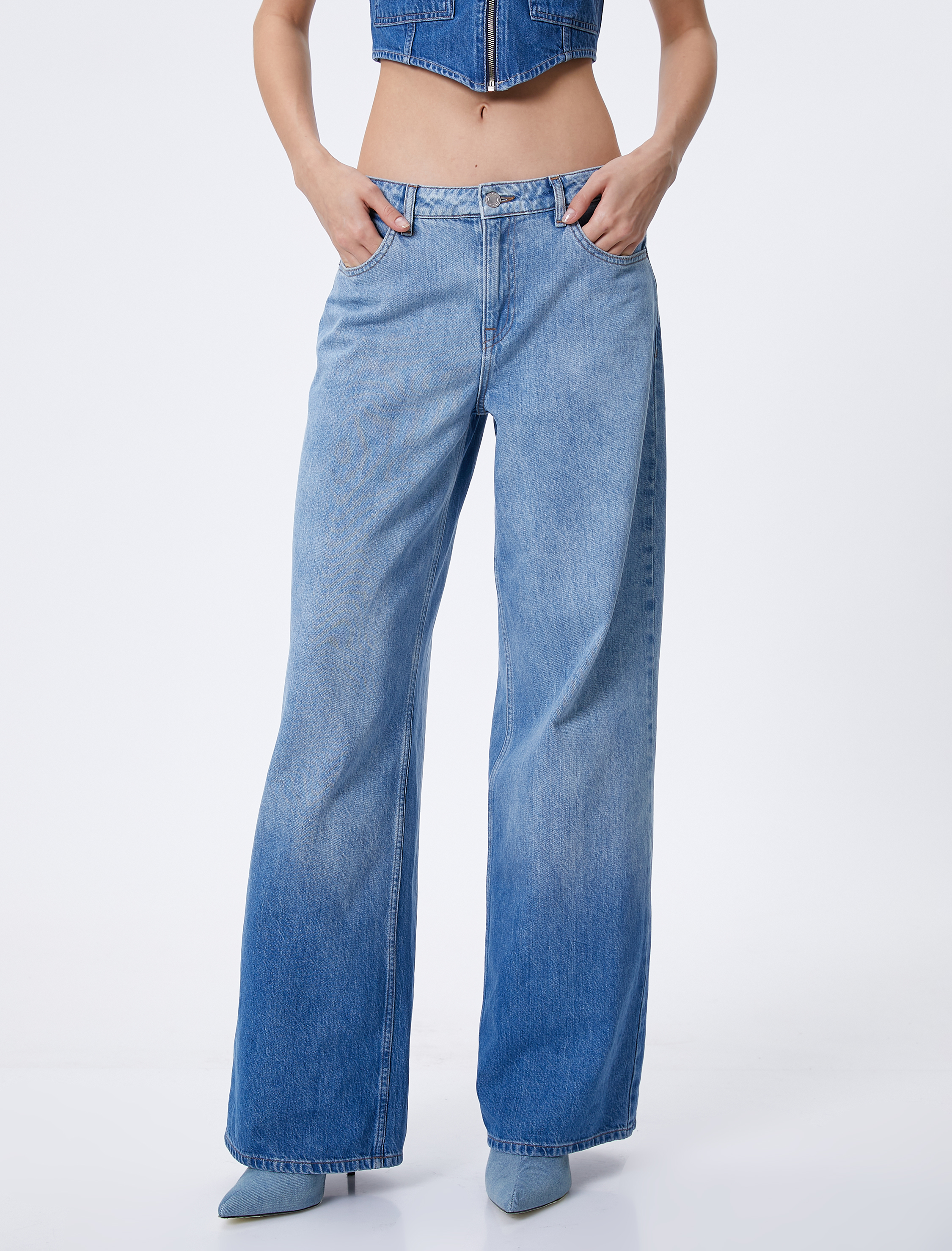   Düz Bol Paça Düşük Bel Kot Pantolon Cepli Pamuklu - Loose Straight Jeans
