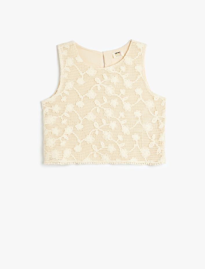 Kız Çocuk Dantelli Crop Bluz Askılı Yuvarlak Yaka Astarlı
