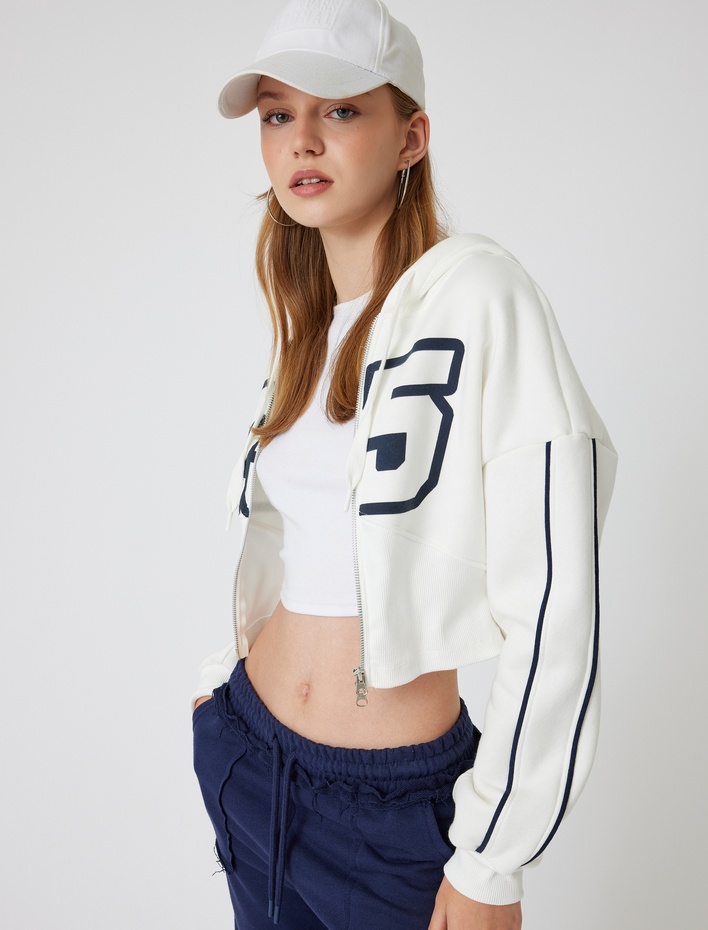  Şardonlu Crop Sweatshirt Kapüşonlu Fermuarlı Korse Detaylı Kolej Baskılı Cepli
