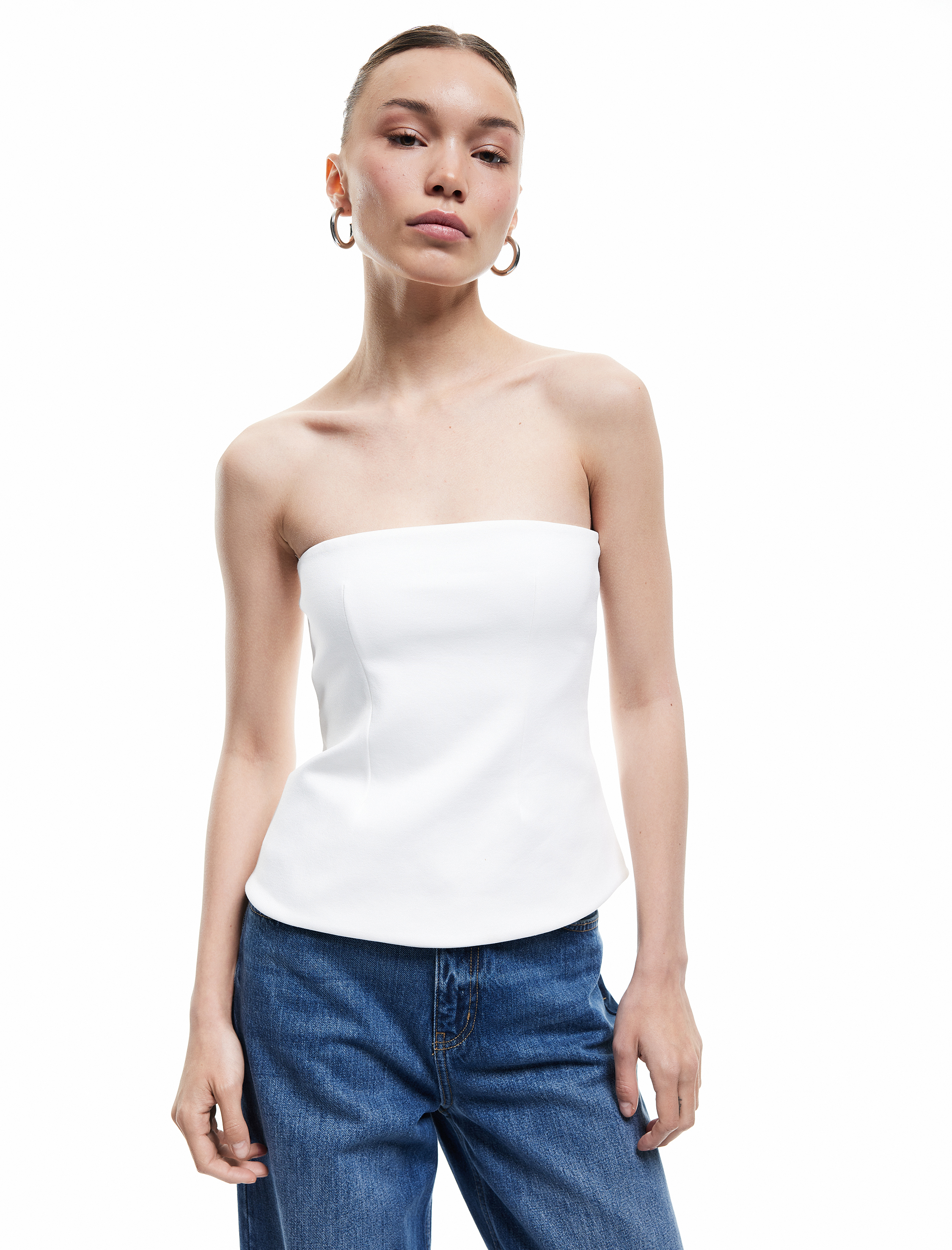   Pamuklu Kolsuz Slim Fit Peplum Straplez Bluz