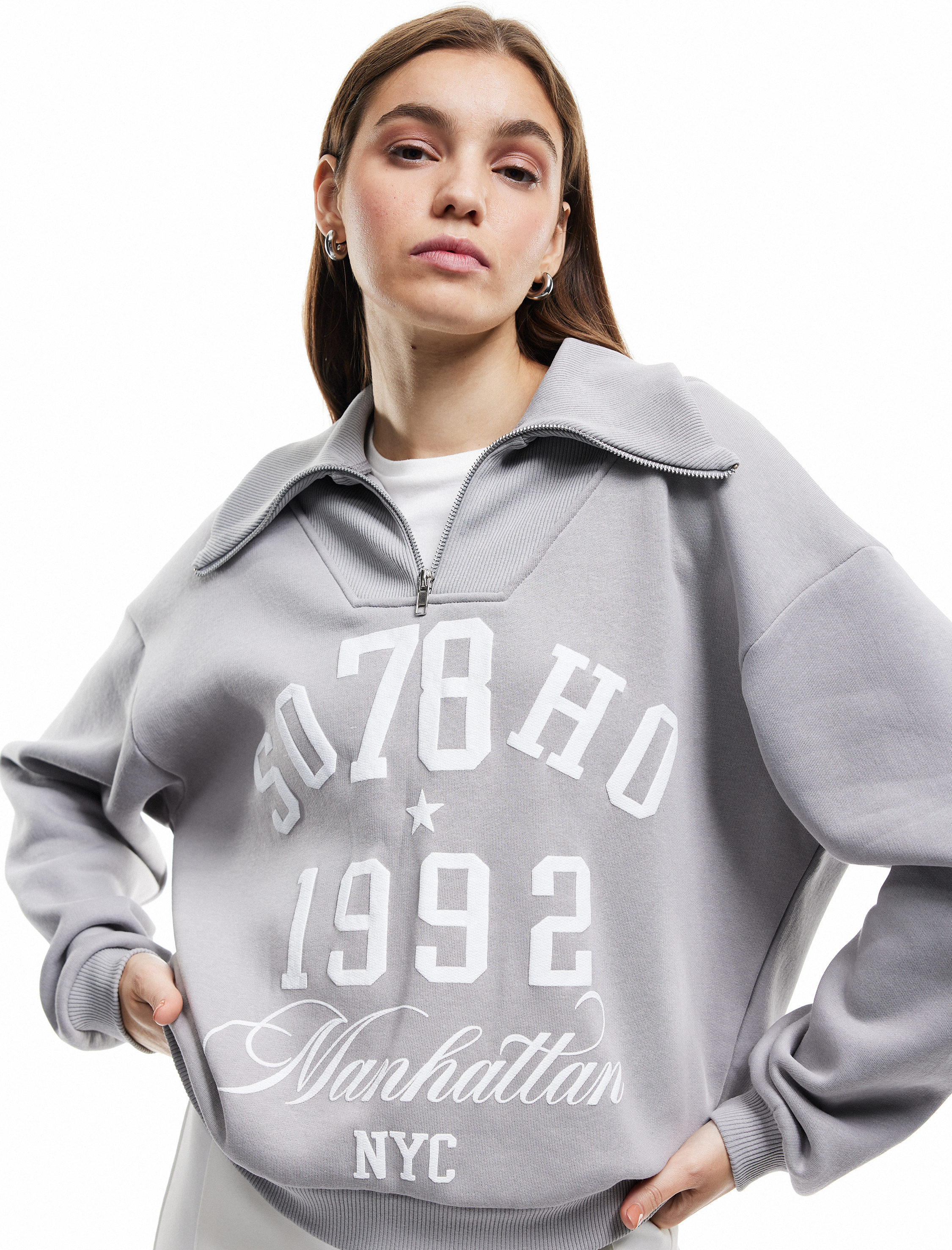   Baskılı Uzun Kollu Şardonlu Yarım Fermuarlı Sweatshirt
