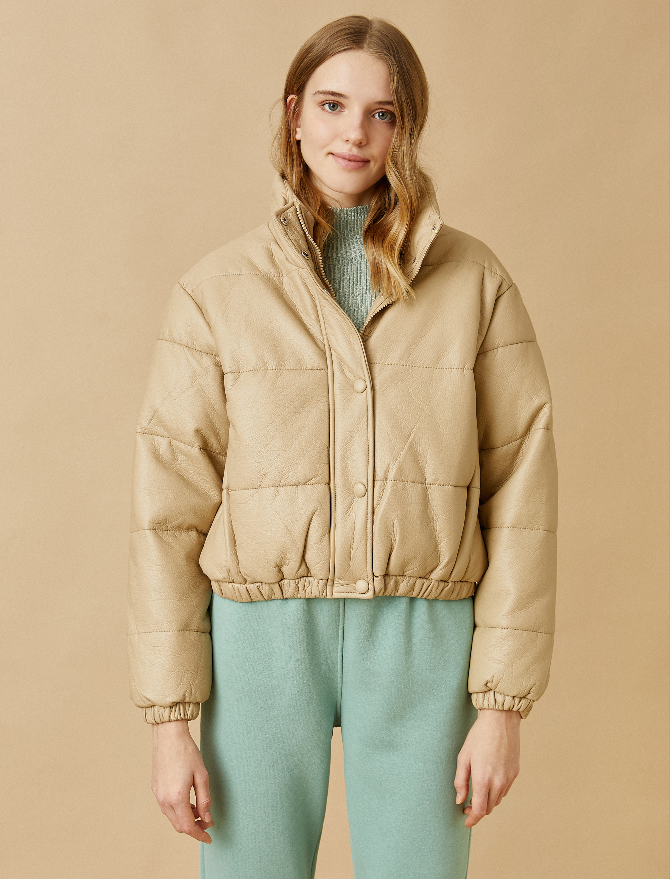   Fermuarlı Deri Görünümlü Puffer Ceket