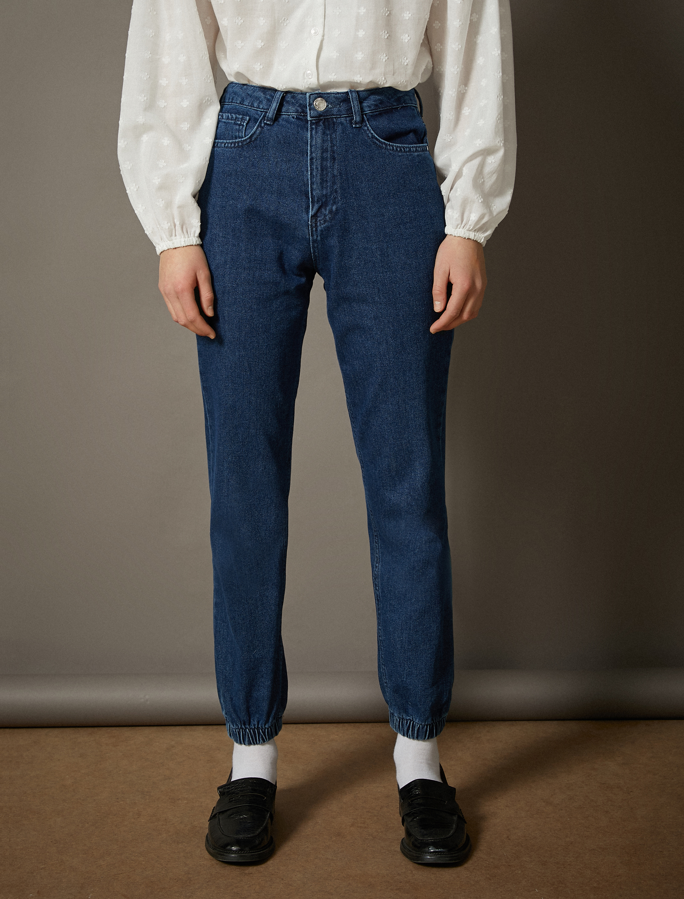   Jogger Jean - Yüksek Bel Rahat Kesim Paçası Lastikli Pantolon