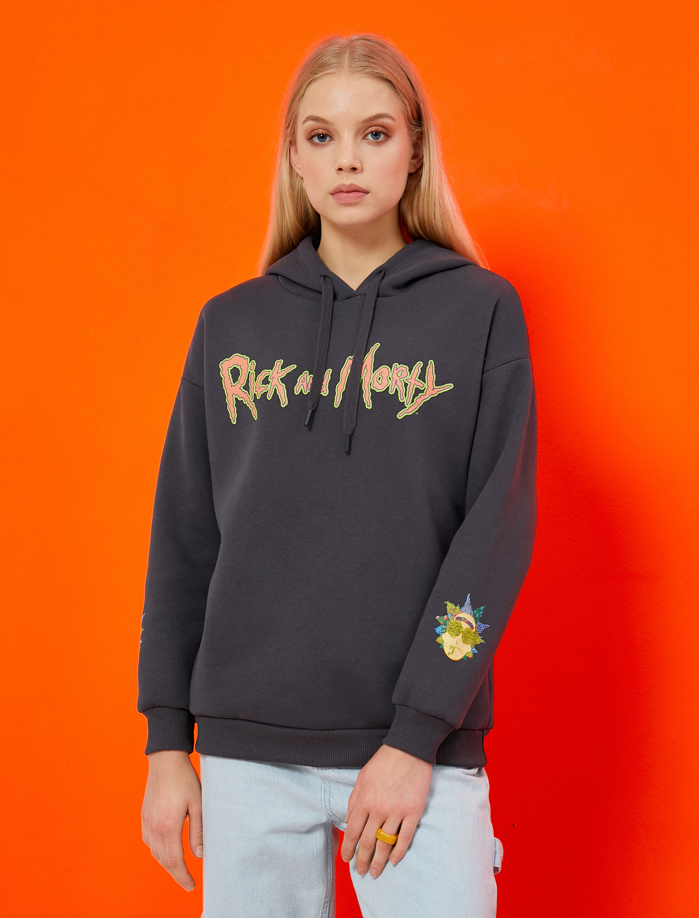   Oversize Rick and Morty Lisanslı Baskılı Sweatshirt İçi Polarlı