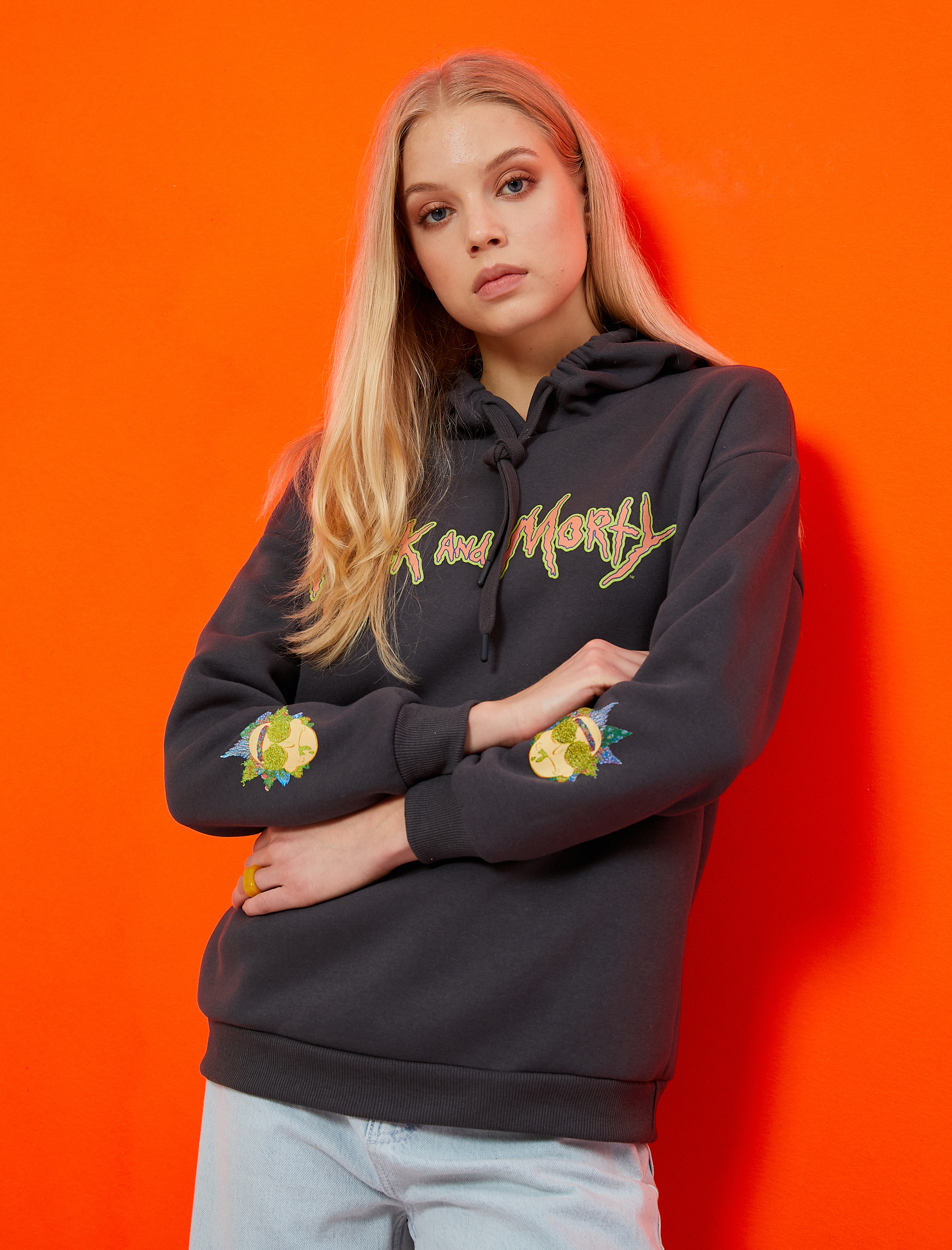   Oversize Rick and Morty Lisanslı Baskılı Sweatshirt İçi Polarlı
