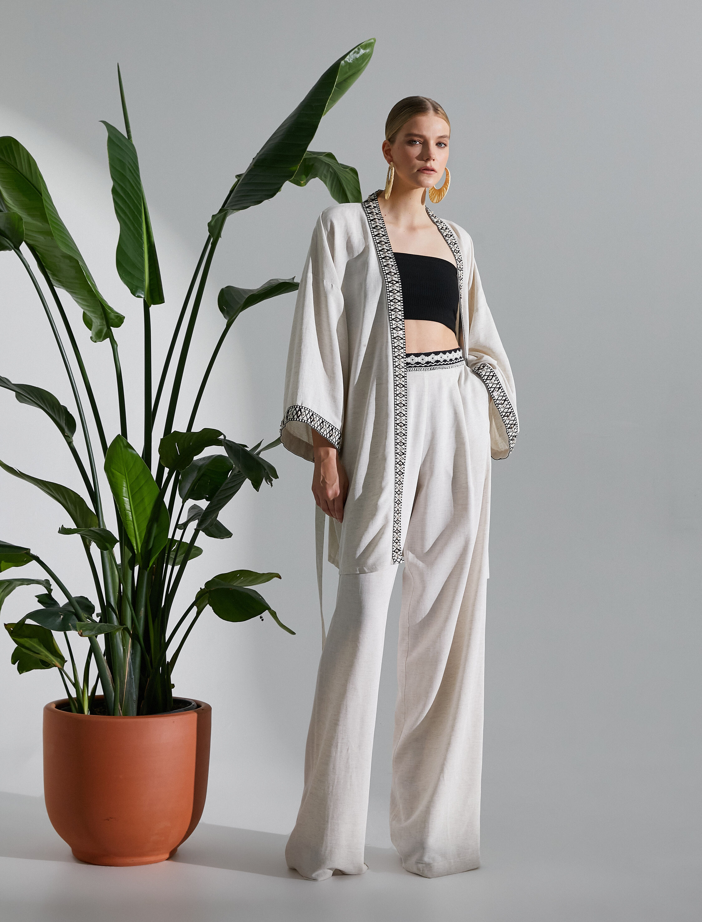   Kuşaklı Kimono Etnik Nakışlı