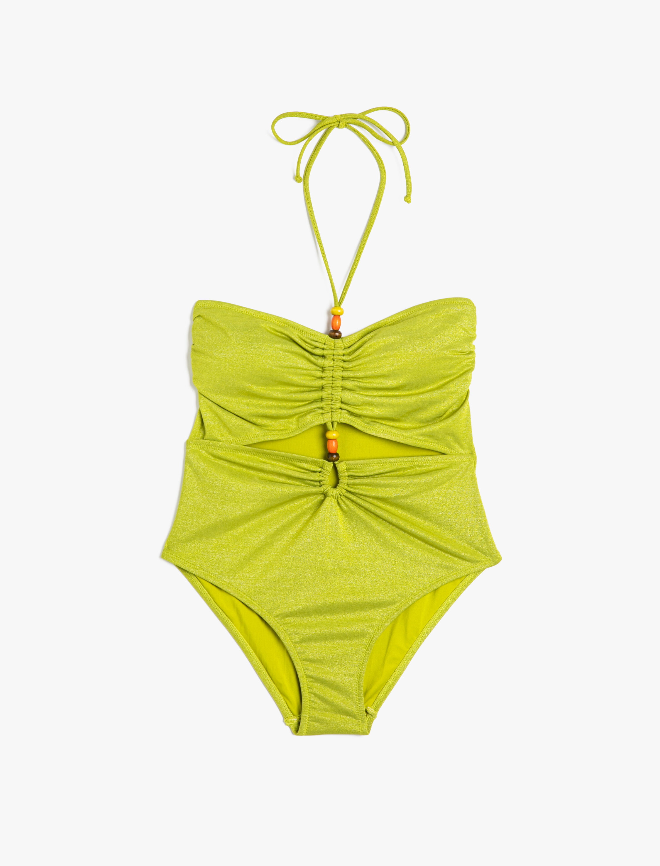   Halter Yaka Mayokini Pencere Detaylı Boncuklu Büzgülü Kaplı