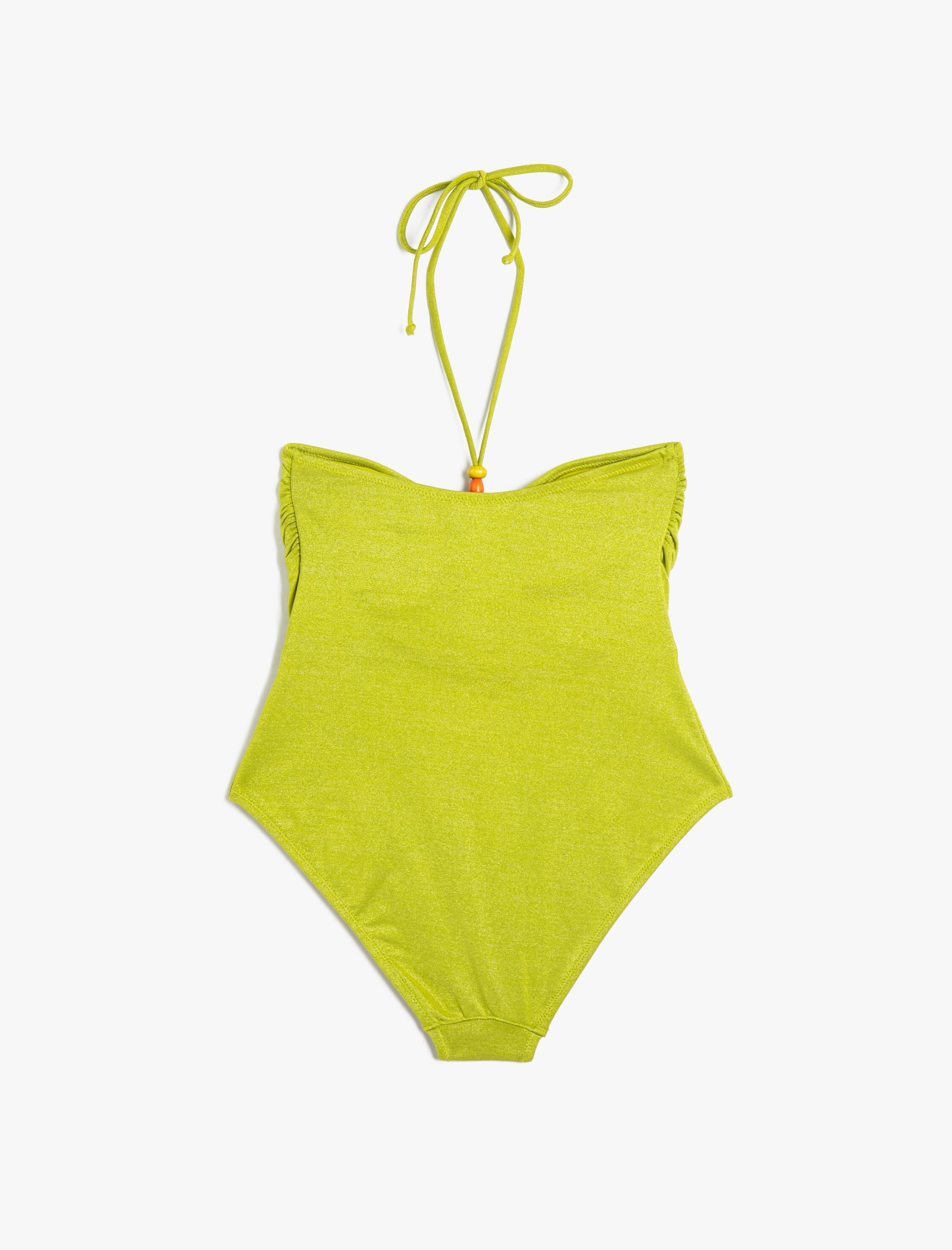   Halter Yaka Mayokini Pencere Detaylı Boncuklu Büzgülü Kaplı