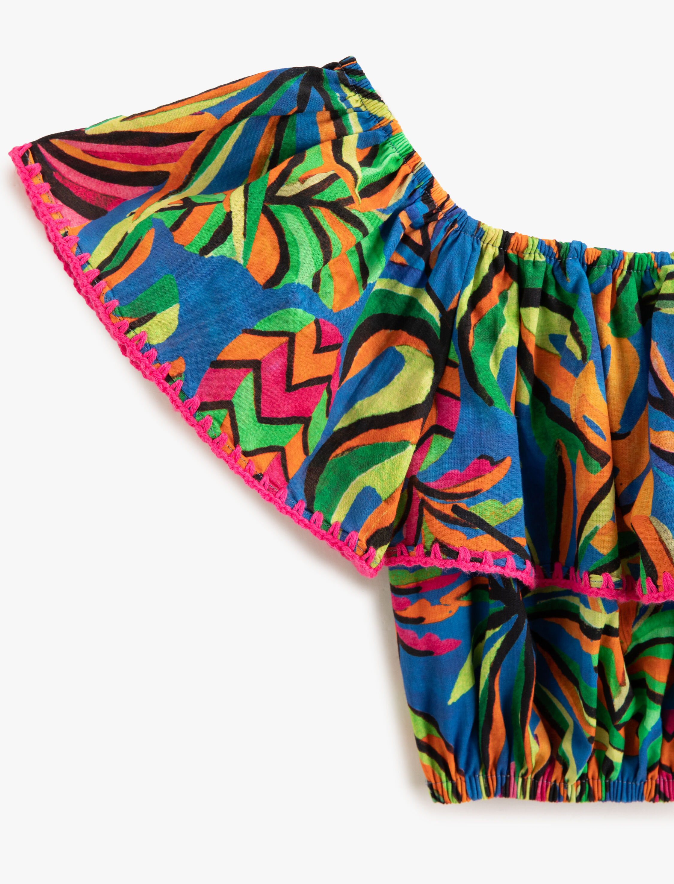  Kız Çocuk Crop Bluz Düşük Omuz Fırfırlı Katlı Floral Desenli Pamuklu