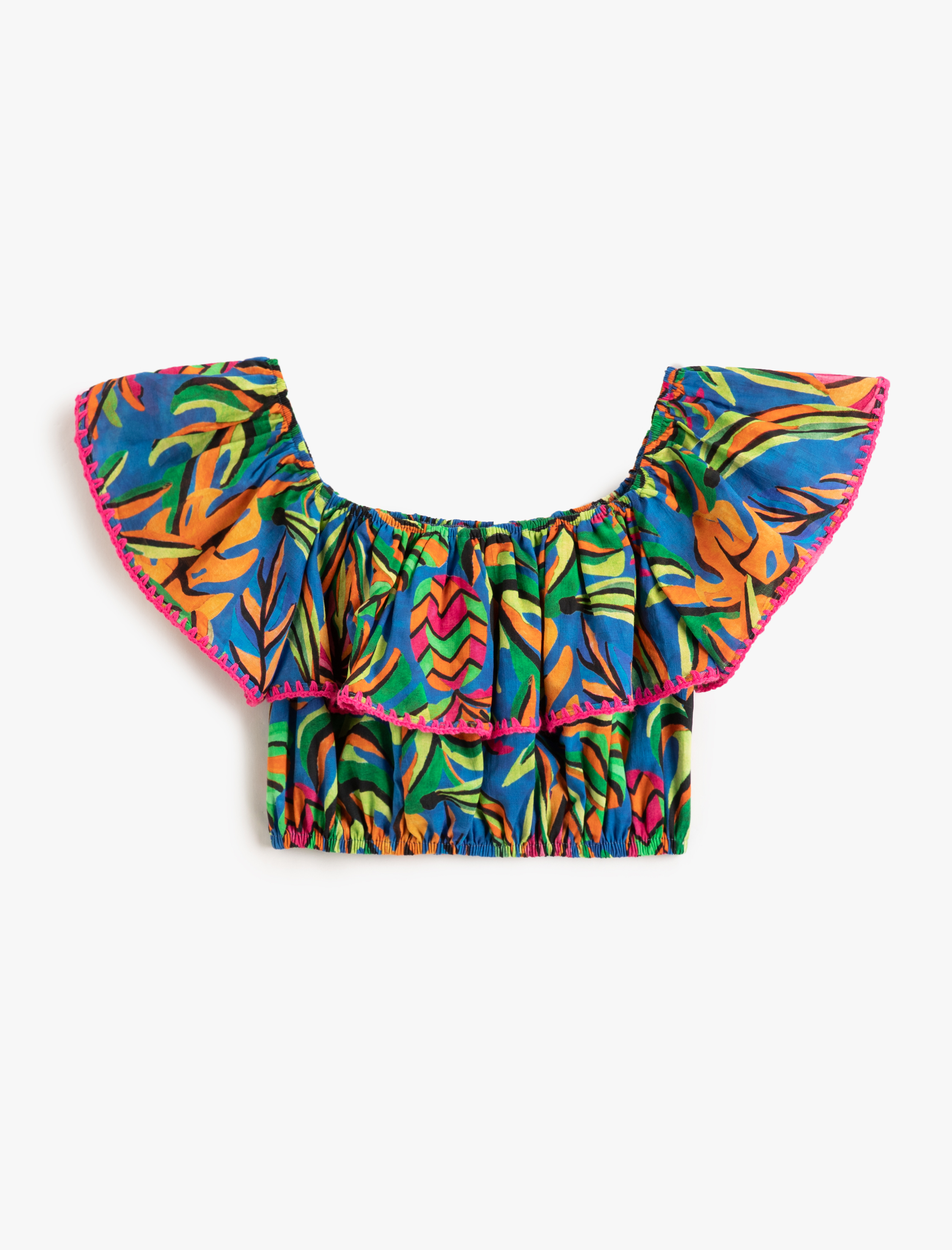  Kız Çocuk Crop Bluz Düşük Omuz Fırfırlı Katlı Floral Desenli Pamuklu