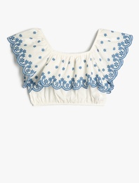 Crop Bluz Düşük Omuz Fırfırlı Katlı Floral Desenli Pamuklu