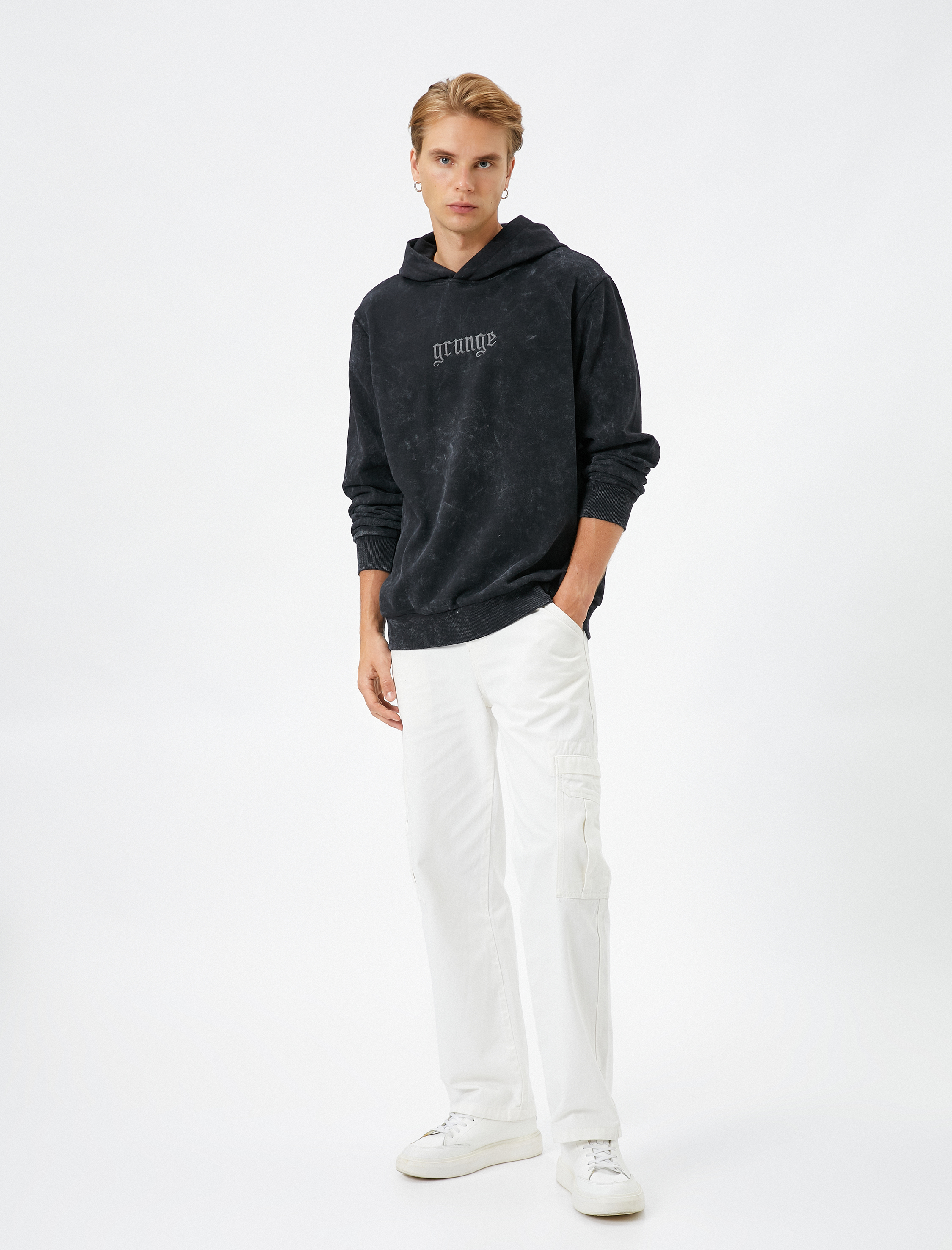   Kapşonlu Sweatshirt Yıkamalı Slogan İşlemeli Ribanalı Şardonlu