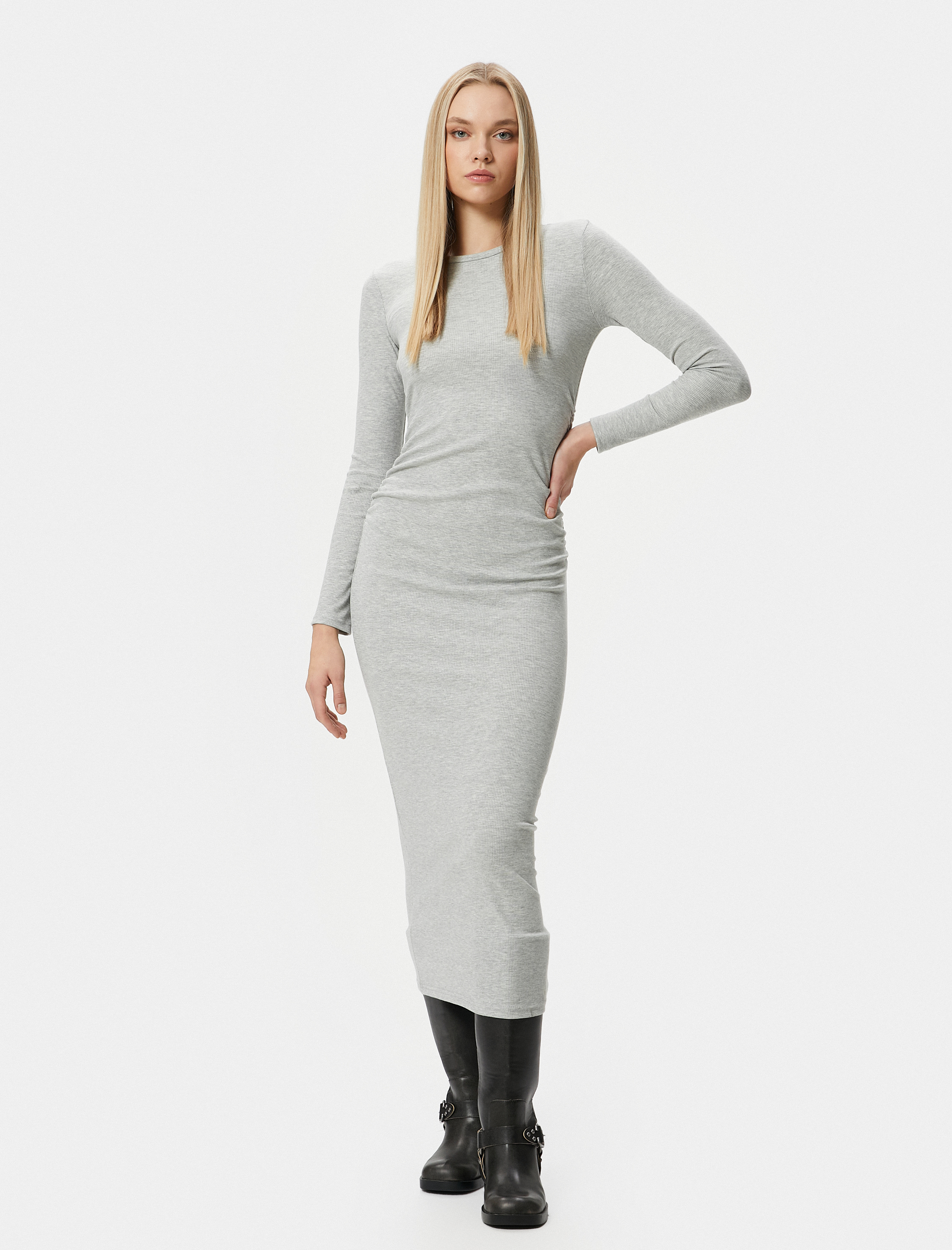   Midi Elbise Bisiklet Yaka Uzun Kollu Slim Fit