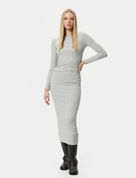 Midi Elbise Bisiklet Yaka Uzun Kollu Slim Fit