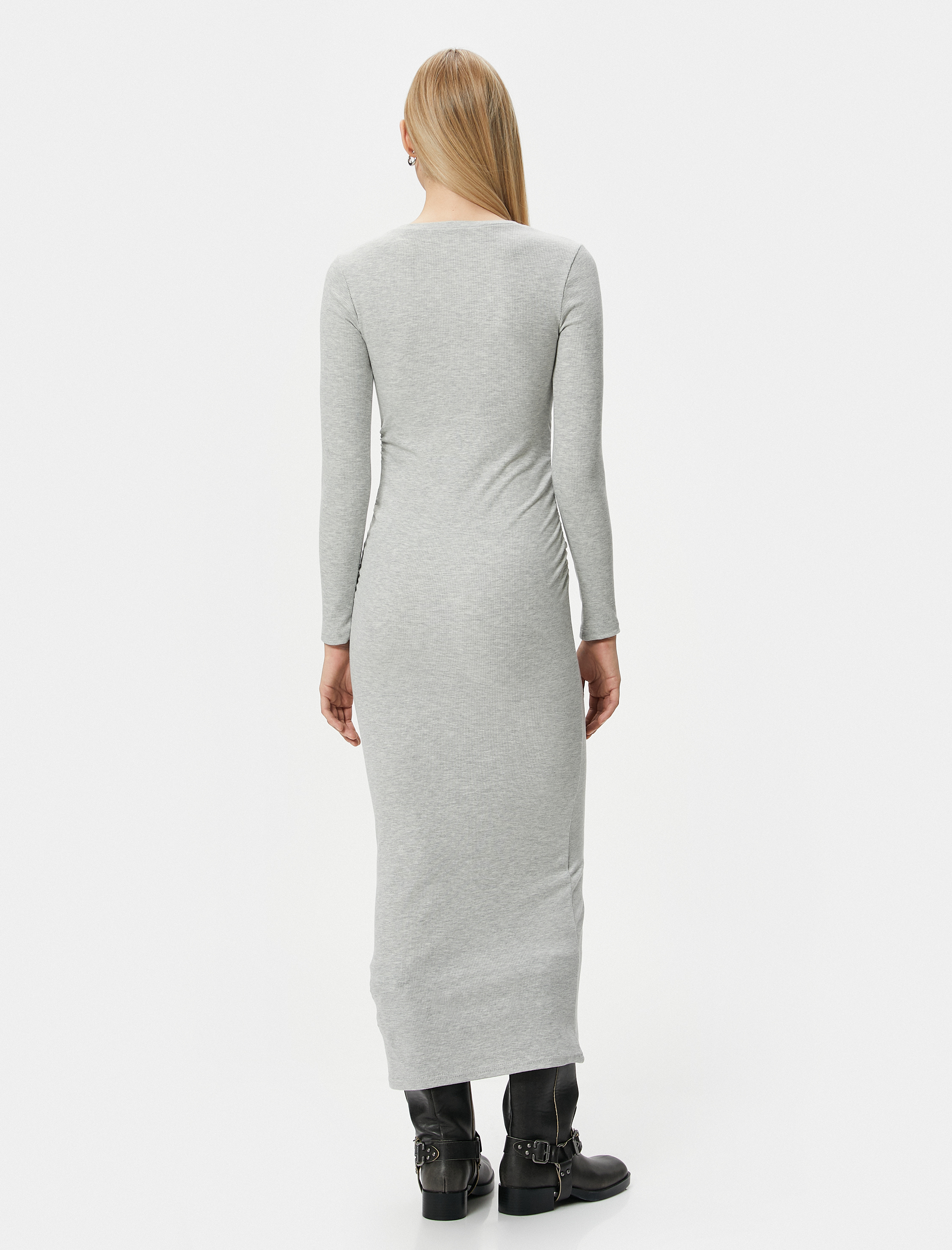   Midi Elbise Bisiklet Yaka Uzun Kollu Slim Fit
