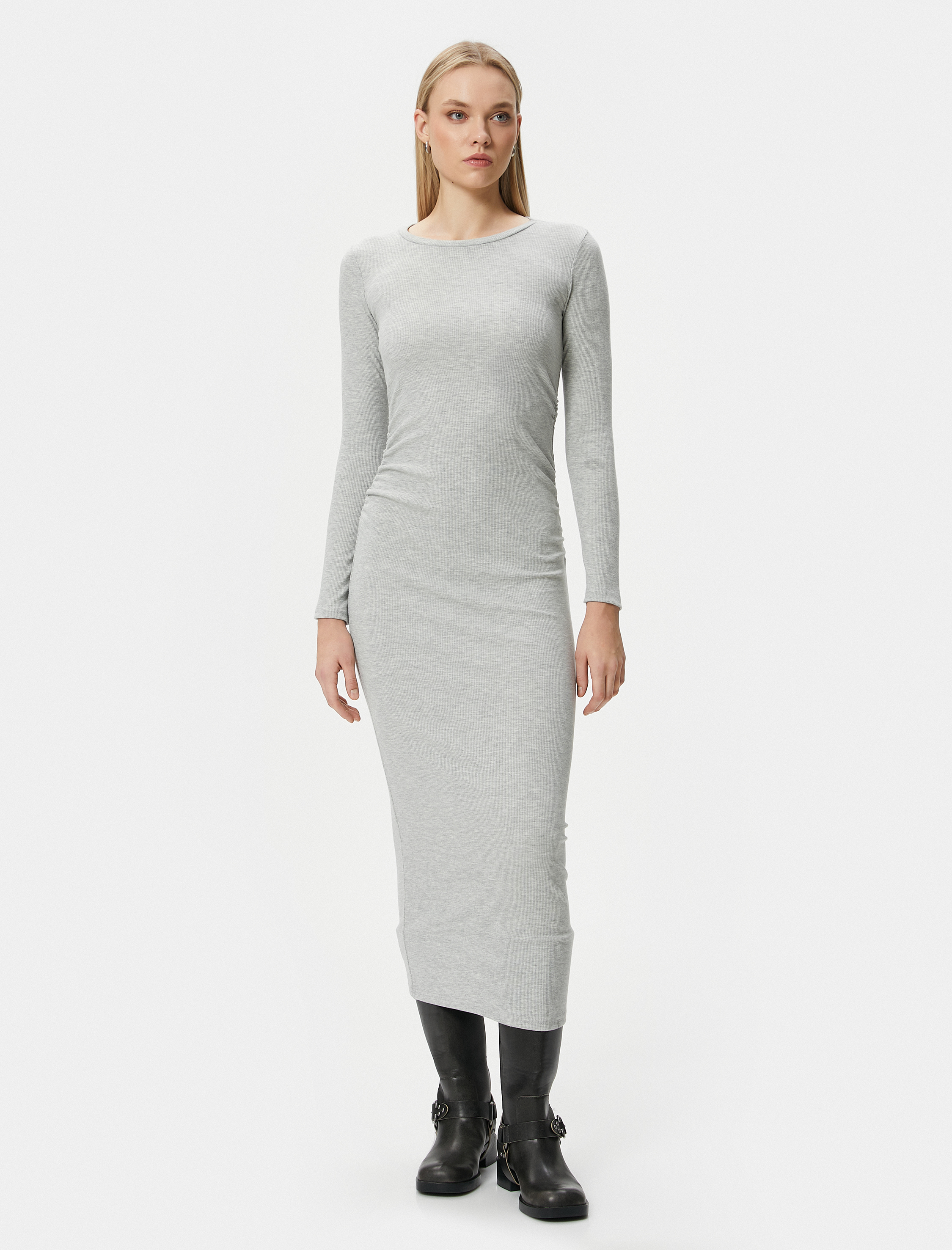   Midi Elbise Bisiklet Yaka Uzun Kollu Slim Fit