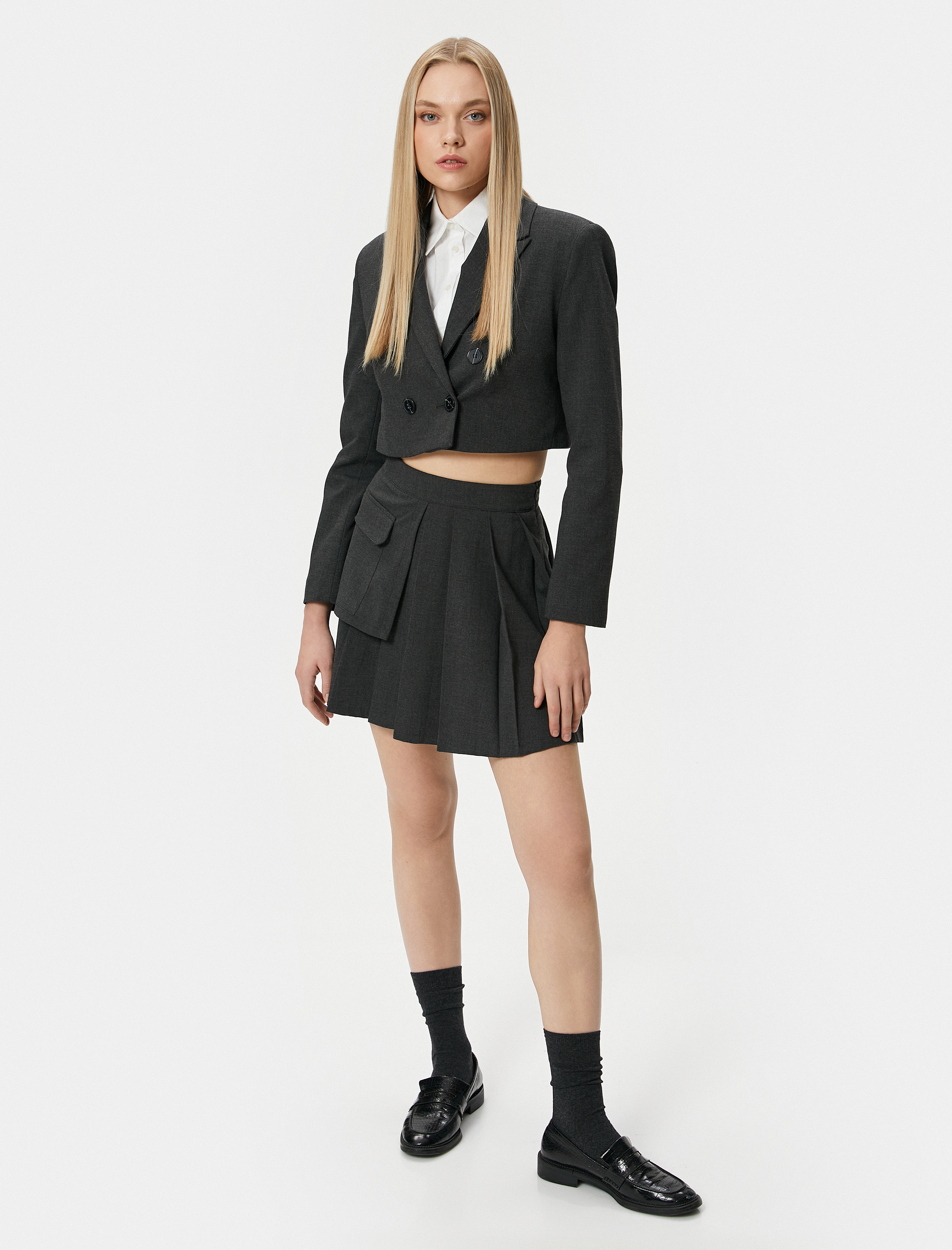   Crop Blazer Ceket Kruvaze Düğmeli