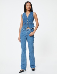 İspanyol Paça Kot Pantolon Yüksek Bel Cepli - Flare Slim Jeans