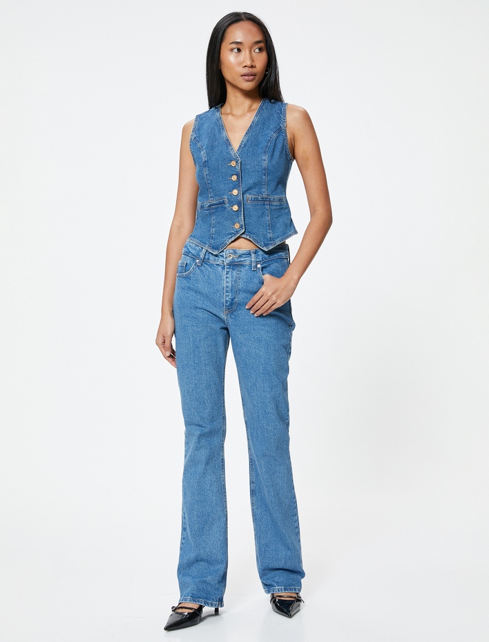  İspanyol Paça Kot Pantolon Yüksek Bel Cepli - Flare Slim Jeans
