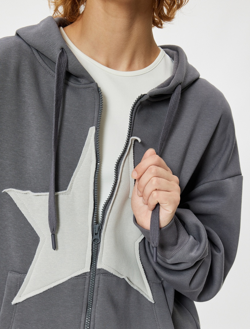 ✩みるく✩ Siyah Şardonlu Oversize Fermuarlı Sweatshirt Yıldız İşlemeli