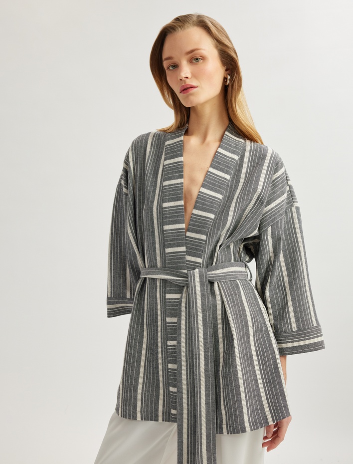 Pamuklu Rahat Kalıp Kemerli 3/4 Geniş Kol Uzun Kimono