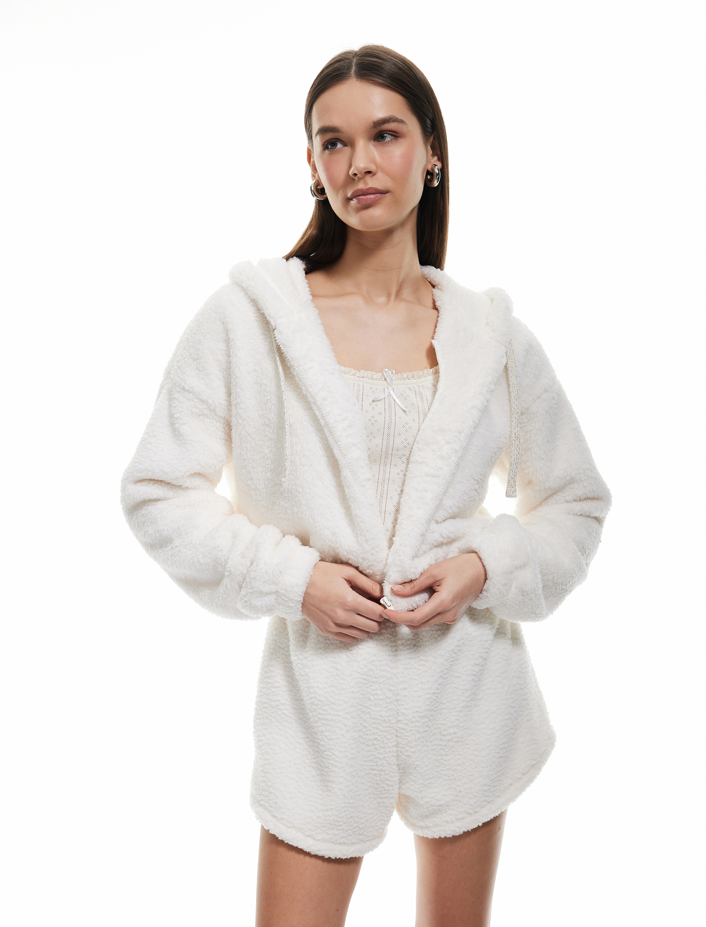   Uzun Kollu Crop Fermuarlı Kapüşonlu Peluş Polar Pijama Üstü