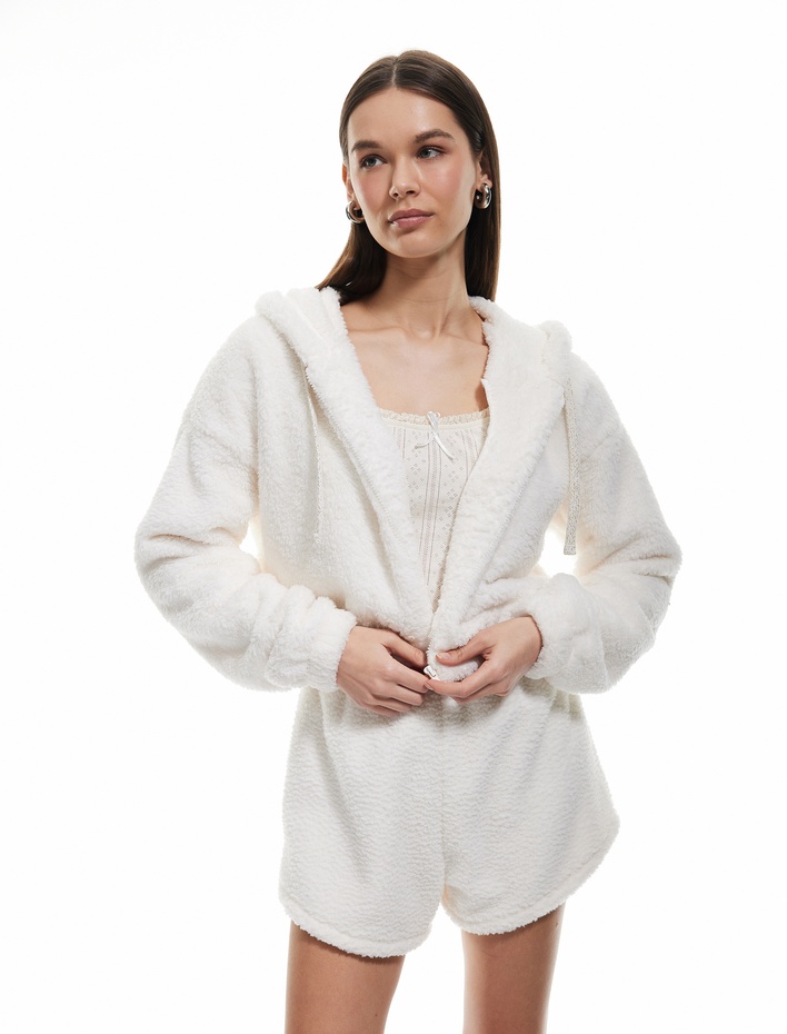  Uzun Kollu Crop Fermuarlı Kapüşonlu Peluş Polar Pijama Üstü