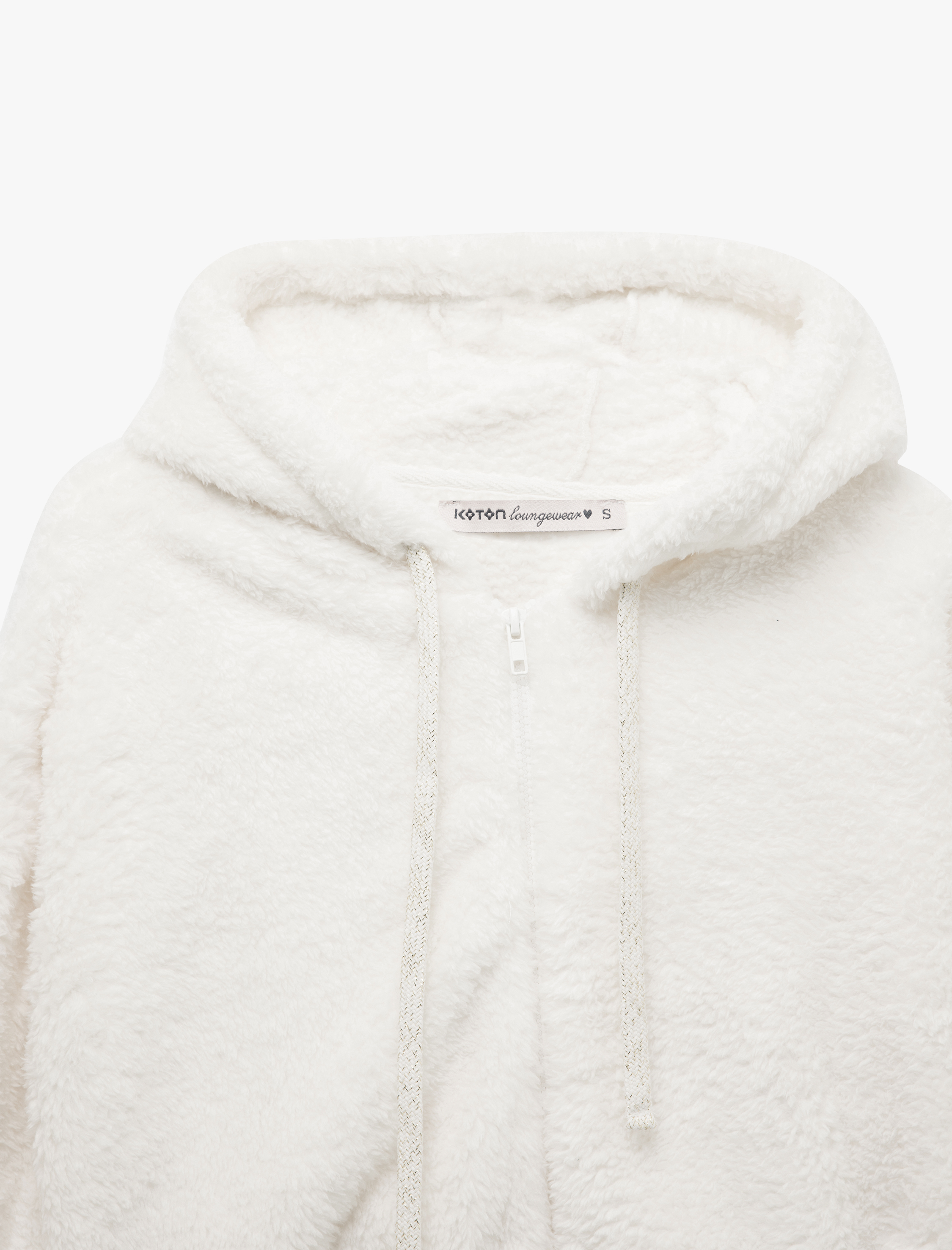   Uzun Kollu Crop Fermuarlı Kapüşonlu Peluş Polar Pijama Üstü