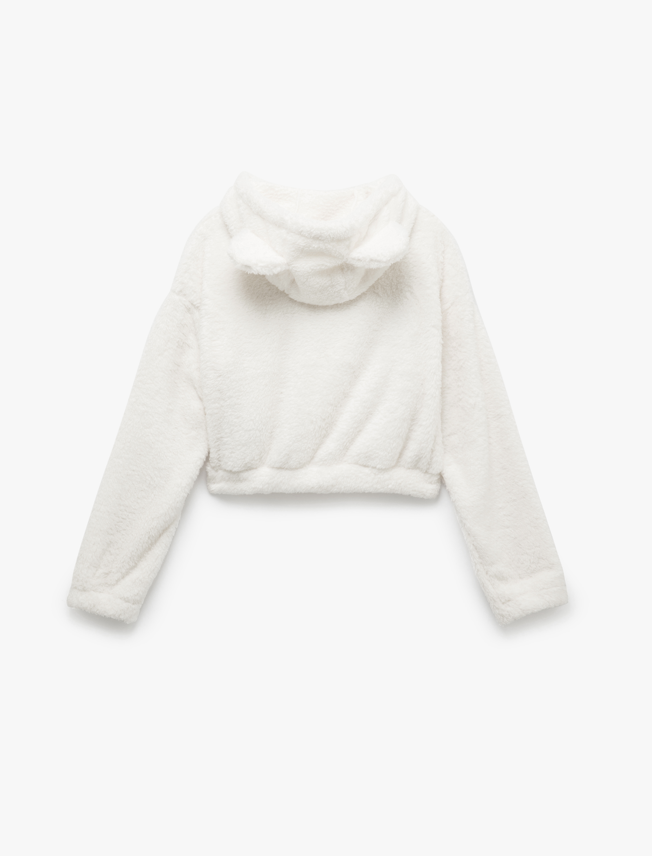   Uzun Kollu Crop Fermuarlı Kapüşonlu Peluş Polar Pijama Üstü
