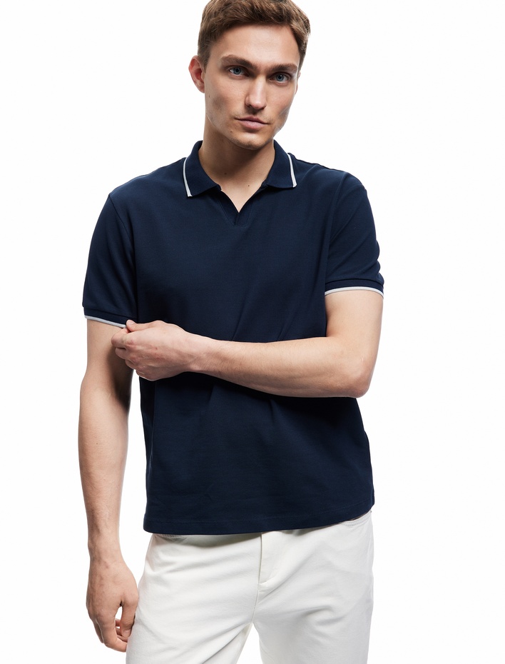  Kontrast Detaylı Pamuklu Pike Kumaş Kısa Kollu Slim Fit Polo Yaka Tişört